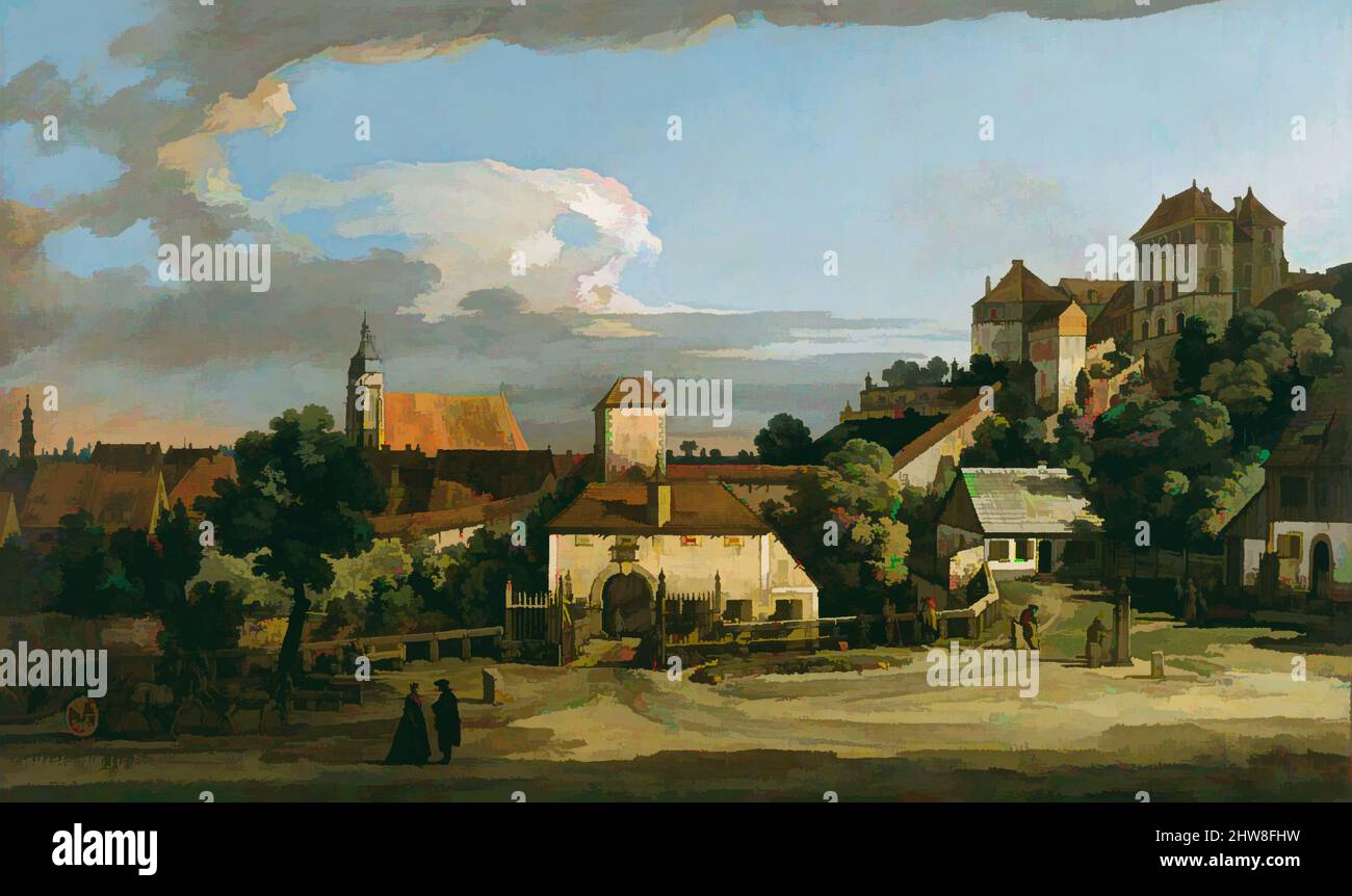 Arte ispirata da Pirna: L'Obertor dal Sud, 1760s, olio su tela, 18 1/4 x 30 3/4 poll. (46,4 x 78,1 cm), dipinti, Bernardo Bellotto (Italiano, Venezia 1722–1780 Varsavia), nipote di Canaletto, da cui è stato addestrato, Bellotto divenne un pittore di visione di fama internazionale, opere classiche modernizzate da Artotop con un tuffo di modernità. Forme, colore e valore, impatto visivo accattivante sulle emozioni artistiche attraverso la libertà delle opere d'arte in modo contemporaneo. Un messaggio senza tempo che persegue una nuova direzione selvaggiamente creativa. Artisti che si rivolgono al supporto digitale e creano l'NFT Artotop Foto Stock