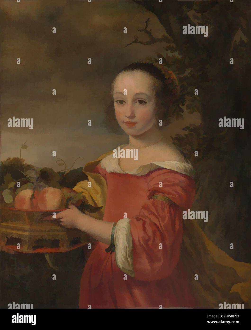 Arte ispirata a Petronella Elias (1648–1667) con un cesto di frutta, 1657, olio su tela, 31 5/8 x 26 pollici (80,3 x 66 cm), dipinti, Ferdinand Bol (olandese, Dordrecht 1616–1680 Amsterdam), Bol fu allievo di Rembrandt alla fine del 1630s, e seguì lo stile del suo insegnante fino al centro, opere classiche modernizzate da Artotop con un tuffo di modernità. Forme, colore e valore, impatto visivo accattivante sulle emozioni artistiche attraverso la libertà delle opere d'arte in modo contemporaneo. Un messaggio senza tempo che persegue una nuova direzione selvaggiamente creativa. Artisti che si rivolgono al supporto digitale e creano l'NFT Artotop Foto Stock