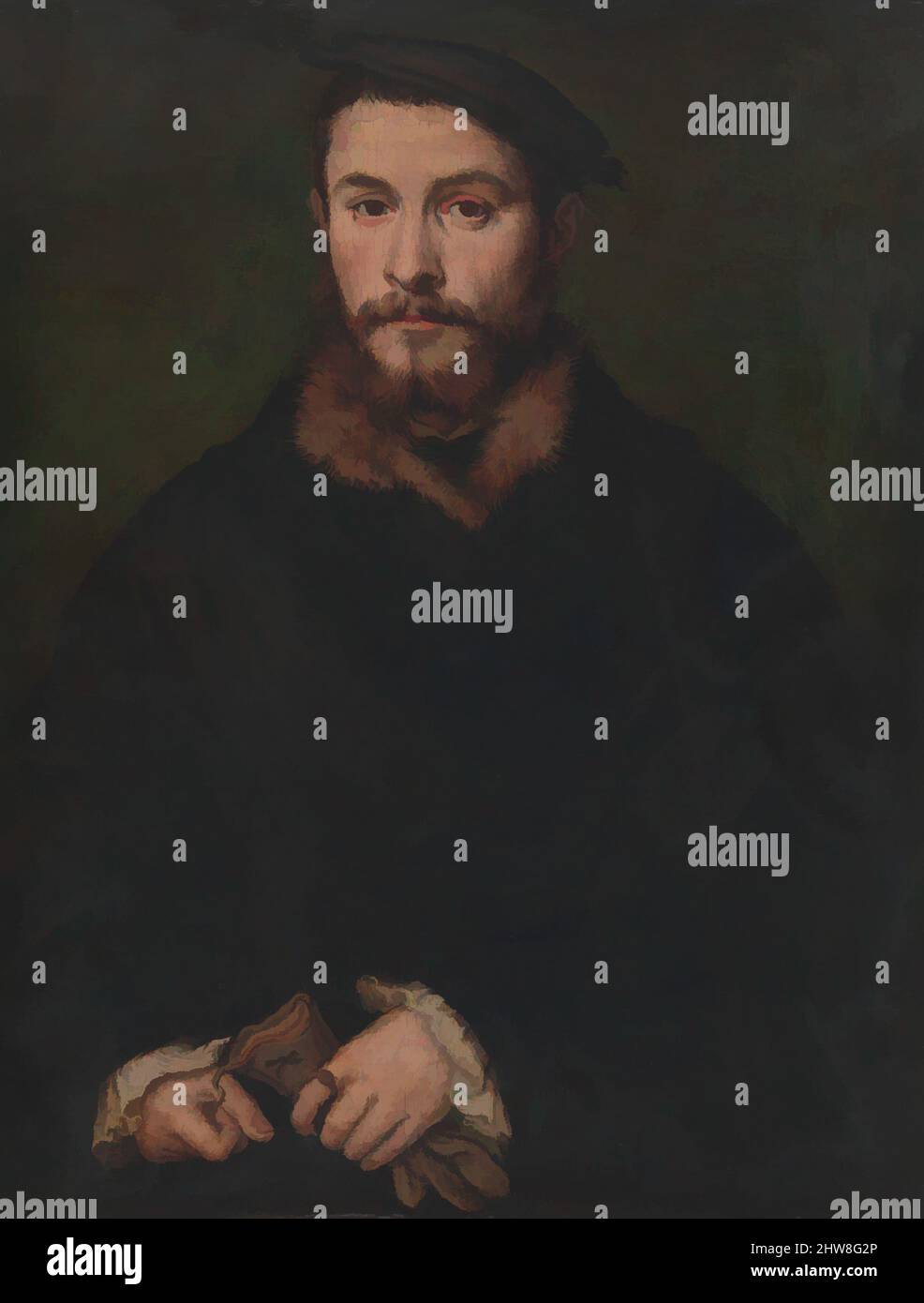 Arte ispirata dal Ritratto di un uomo con guanti, ca. 1535, olio su legno, 8 3/8 x 6 1/2 poll. (21,3 x 16,5 cm), dipinti, Corneille de Lyon (Netherlandish, l'Aia, attivo da 1533-deceduti 1575 Lione), perché questo ritratto è strettamente legato all'unico dipinto documentato di Corneille (Louvre, opere classiche modernizzate da Artotop con un tuffo di modernità. Forme, colore e valore, impatto visivo accattivante sulle emozioni artistiche attraverso la libertà delle opere d'arte in modo contemporaneo. Un messaggio senza tempo che persegue una nuova direzione selvaggiamente creativa. Artisti che si rivolgono al supporto digitale e creano l'NFT Artotop Foto Stock