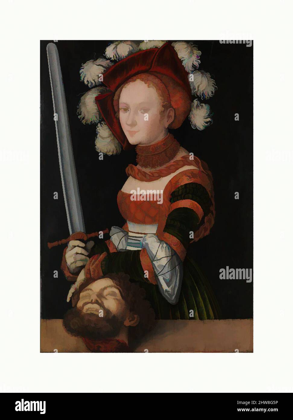 Arte ispirata da Judith con la testa di Holofernes, ca. 1530, olio su tiglio, 35 1/4 x 24 3/8 poll. (89,5 x 61,9 cm), dipinti, Lucas Cranach il Vecchio (tedesco, Kronach 1472–1553 Weimar), in questo pannello Judith presenta la testa tagliata di Holofernes, il generale assiro che dirige le opere classiche modernizzate da Artotop con un tuffo di modernità. Forme, colore e valore, impatto visivo accattivante sulle emozioni artistiche attraverso la libertà delle opere d'arte in modo contemporaneo. Un messaggio senza tempo che persegue una nuova direzione selvaggiamente creativa. Artisti che si rivolgono al supporto digitale e creano l'NFT Artotop Foto Stock