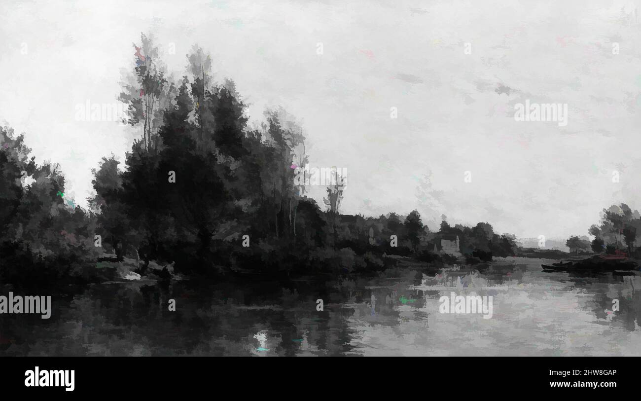 Arte ispirata dalle Banche dell'Oise, 1863, olio su legno, 14 3/4 x 26 3/8 poll. (37,5 x 67 cm), dipinti, Charles-Francois Daubigny (francese, Parigi 1817–1878 Parigi), nel 1860, Daubigny acquistò proprietà ad Auvers, una città vicino Parigi. Le sue frequenti spedizioni in barca sul vicino Oise, opere classiche modernizzate da Artotop con un tuffo di modernità. Forme, colore e valore, impatto visivo accattivante sulle emozioni artistiche attraverso la libertà delle opere d'arte in modo contemporaneo. Un messaggio senza tempo che persegue una nuova direzione selvaggiamente creativa. Artisti che si rivolgono al supporto digitale e creano l'NFT Artotop Foto Stock