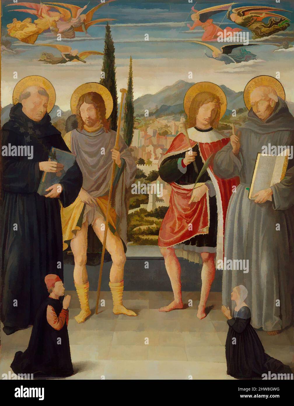 Arte ispirata ai Santi Nicola di Tolentino, Roch, Sebastiano e Bernardino di Siena, con inginocchiati donatori, 1481, Tempera e oro su tela, trasferiti da legno, tuta, con strisce aggiunte, 31 x 24 3/8 pollici. (78,7 x 61,9 cm); superficie verniciata 30 1/8 x 23 1/2 poll. (76,5 x 59,7 cm, opere classiche modernizzate da Artotop con un tuffo di modernità. Forme, colore e valore, impatto visivo accattivante sulle emozioni artistiche attraverso la libertà delle opere d'arte in modo contemporaneo. Un messaggio senza tempo che persegue una nuova direzione selvaggiamente creativa. Artisti che si rivolgono al supporto digitale e creano l'NFT Artotop Foto Stock