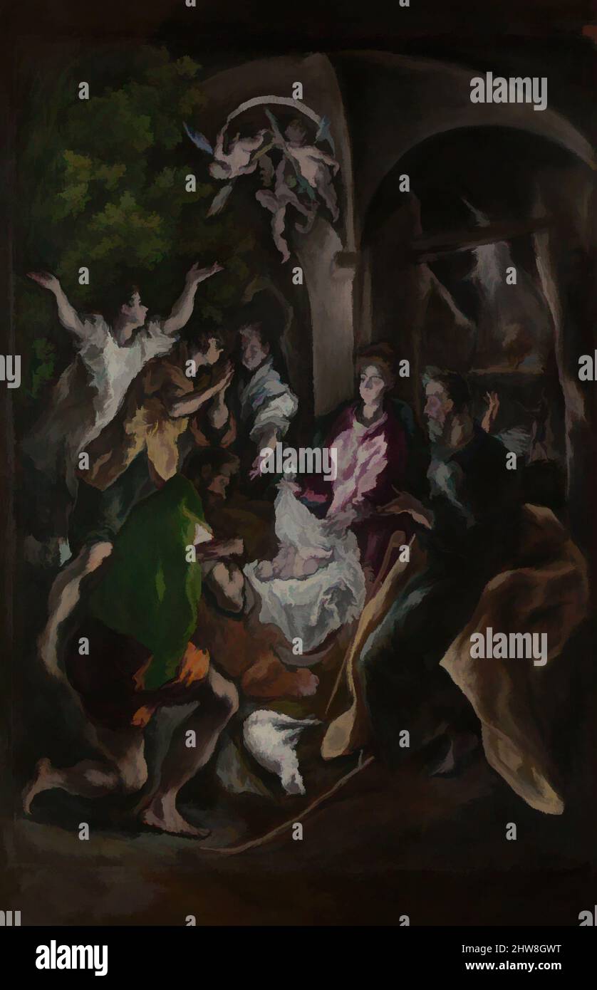 Arte ispirata all'Adorazione dei Pastori, ca. 1605–10, olio su tela, 56 7/8 x 39 7/8 poll. (144,5 x 101,3 cm); con strisce aggiuntive da 64 1/2 x 42" (163,8 x 106,7 cm), dipinti, El Greco (Domenikos Theotokopoulos) (Greco, Iráklion (Candia) 1540/41–1614 Toledo), El Greco spesso realizzato, opere classiche modernizzate da Artotop con un tuffo di modernità. Forme, colore e valore, impatto visivo accattivante sulle emozioni artistiche attraverso la libertà delle opere d'arte in modo contemporaneo. Un messaggio senza tempo che persegue una nuova direzione selvaggiamente creativa. Artisti che si rivolgono al supporto digitale e creano l'NFT Artotop Foto Stock