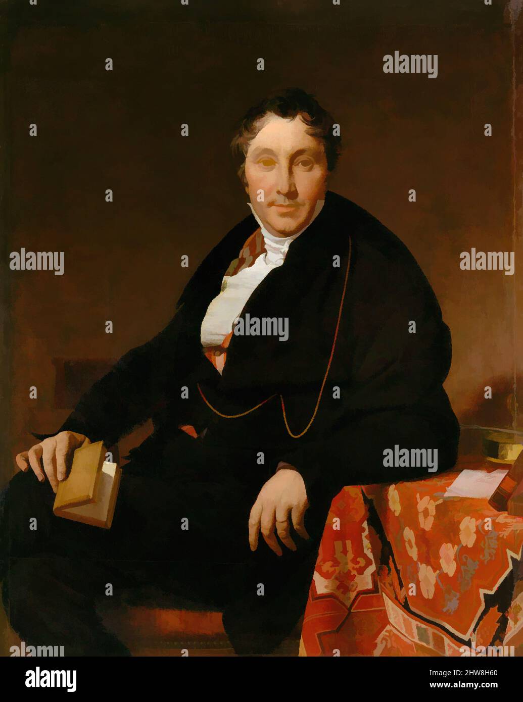 Arte ispirata a Jacques-Louis Leblanc (1774–1846), 1823, olio su tela, 47 5/8 x 37 5/8 poll. (121 x 95,6 cm), dipinti, Jean Auguste Dominique Ingres (francese, Montauban 1780–1867 Parigi), questo ritratto di Leblanc e quello di sua moglie furono dipinti nel 1823, poco dopo che Ingres incontrò le opere classiche modernizzate da Artotop con un tuffo di modernità. Forme, colore e valore, impatto visivo accattivante sulle emozioni artistiche attraverso la libertà delle opere d'arte in modo contemporaneo. Un messaggio senza tempo che persegue una nuova direzione selvaggiamente creativa. Artisti che si rivolgono al supporto digitale e creano l'NFT Artotop Foto Stock