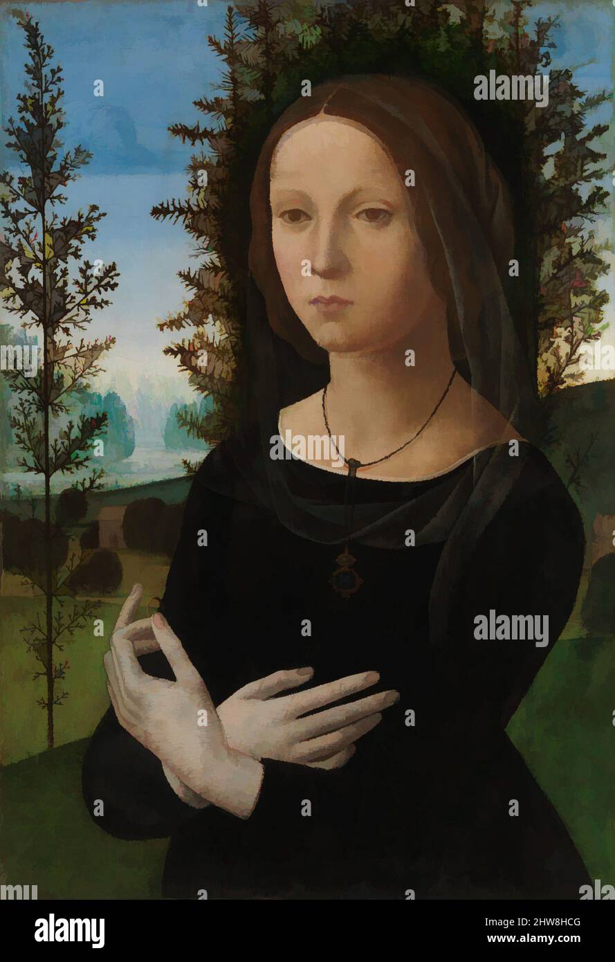 Arte ispirata dal Ritratto di una giovane donna, ca. 1490–1500, olio su legno, 23 1/8 x 15 3/4 poll. (58,7 x 40 cm), dipinti, Lorenzo di Credi (Lorenzo d'Andrea d'Oderigo) (Firenze 1456/59–1536), questo ritratto danneggiato ma suggestivo è stato identificato come la vedova delle opere classiche di Credi modernizzate da Artotop con un tuffo di modernità. Forme, colore e valore, impatto visivo accattivante sulle emozioni artistiche attraverso la libertà delle opere d'arte in modo contemporaneo. Un messaggio senza tempo che persegue una nuova direzione selvaggiamente creativa. Artisti che si rivolgono al supporto digitale e creano l'NFT Artotop Foto Stock