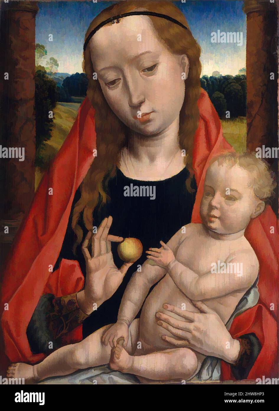 Arte ispirata da Vergine e Bambino, ca. 1490, olio su legno, totale 10 3/4 x 8 1/4 poll. (27,3 x 21 cm); superficie verniciata 9 x 6 5/8 poll. (22,9 x 16,8 cm), dipinti, laboratorio di Hans Memling (Netherlandish, Seligenstadt, attivo dal 1465-morto 1494 Bruges), questa foto era molto probabilmente le, opere classiche modernizzate da Artotop con un tuffo di modernità. Forme, colore e valore, impatto visivo accattivante sulle emozioni artistiche attraverso la libertà delle opere d'arte in modo contemporaneo. Un messaggio senza tempo che persegue una nuova direzione selvaggiamente creativa. Artisti che si rivolgono al supporto digitale e creano l'NFT Artotop Foto Stock