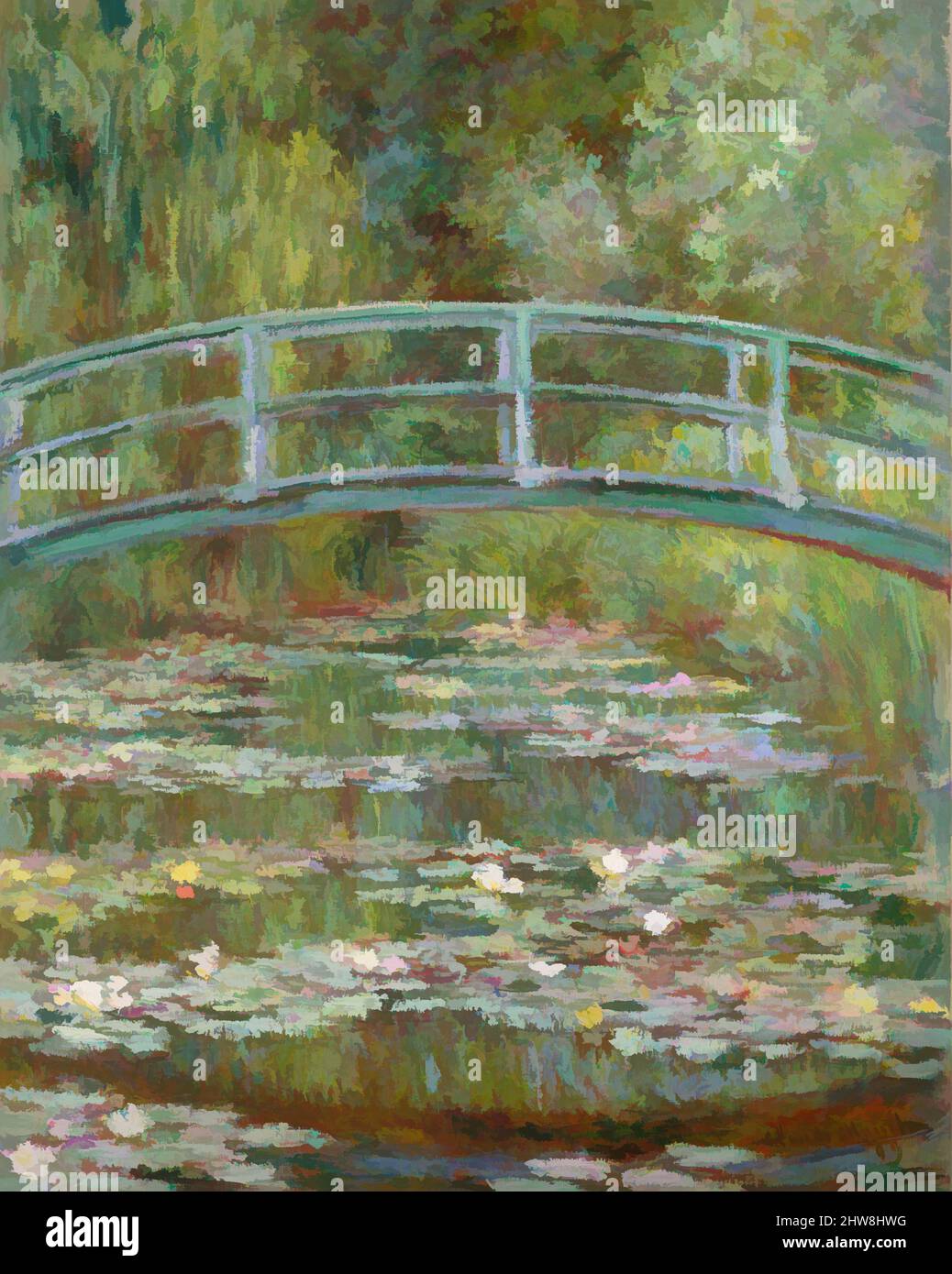 Arte ispirata da Bridge Over a Pond of Water Lilies, 1899, olio su tela, 36 1/2 x 29 poll. (92,7 x 73,7 cm), dipinti, Claude Monet (francese, Parigi 1840–1926 Giverny), nel 1893, Monet, un appassionato orticulturista, ha acquistato terra con un laghetto vicino alla sua proprietà a Giverny, intenzione di costruire, opere classiche modernizzate da Artotop con un tuffo di modernità. Forme, colore e valore, impatto visivo accattivante sulle emozioni artistiche attraverso la libertà delle opere d'arte in modo contemporaneo. Un messaggio senza tempo che persegue una nuova direzione selvaggiamente creativa. Artisti che si rivolgono al supporto digitale e creano l'NFT Artotop Foto Stock