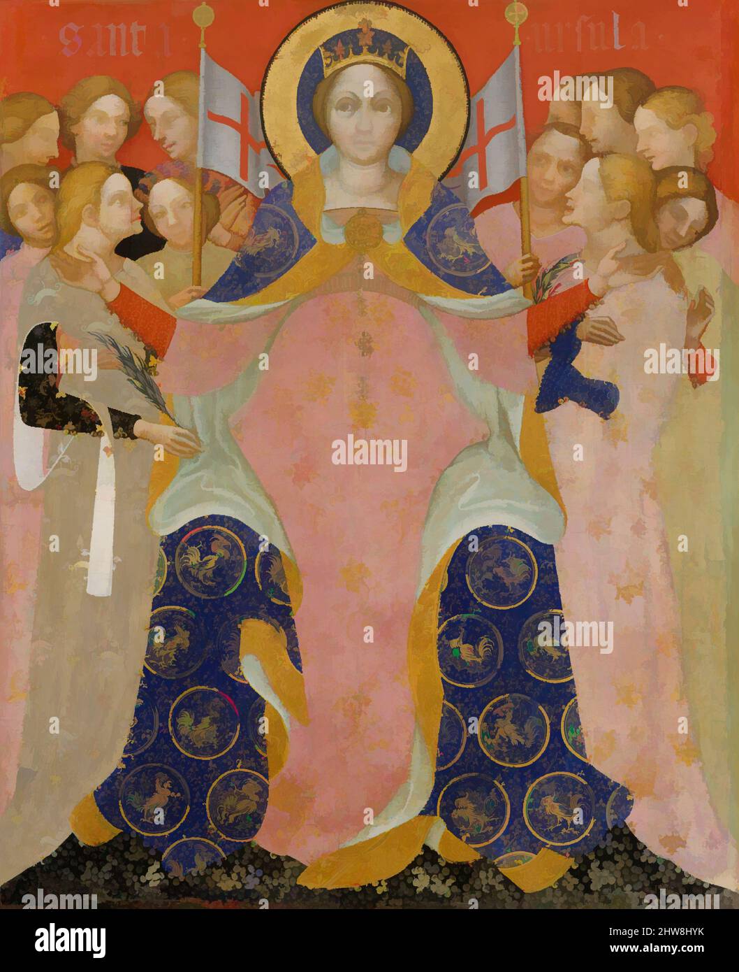Arte ispirata a Sant'Ursula e ai suoi Maidens, ca. 1410, Tempera e oro su legno, 37 x 31 poll. (94 x 78,7 cm), dipinti, Niccolò di Pietro (italiano, veneziano, attivo 1394–1427/30), Sant'Ursula è raffigurata con alcune delle undici migliaia di vergini con cui si dice sia stata, opere classiche modernizzate da Artotop con un tuffo di modernità. Forme, colore e valore, impatto visivo accattivante sulle emozioni artistiche attraverso la libertà delle opere d'arte in modo contemporaneo. Un messaggio senza tempo che persegue una nuova direzione selvaggiamente creativa. Artisti che si rivolgono al supporto digitale e creano l'NFT Artotop Foto Stock