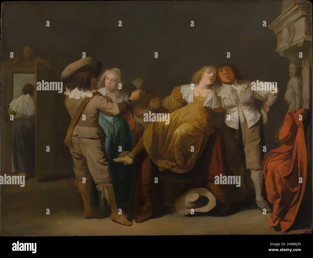 Arte ispirata da un partito di Merrymakers, ca. 1635–38, olio su legno, 14 3/4 x 19 1/2 poll. (37,5 x 49,5 cm), dipinti, Pieter Jansz. Quast (olandese, Amsterdam (?) 1605/6–1647 Amsterdam), gli spettatori del tempo avrebbero preso in esame non solo il carousing off-key, ma anche i segni: Le opere classiche modernizzate da Artotop con un tuffo di modernità. Forme, colore e valore, impatto visivo accattivante sulle emozioni artistiche attraverso la libertà delle opere d'arte in modo contemporaneo. Un messaggio senza tempo che persegue una nuova direzione selvaggiamente creativa. Artisti che si rivolgono al supporto digitale e creano l'NFT Artotop Foto Stock