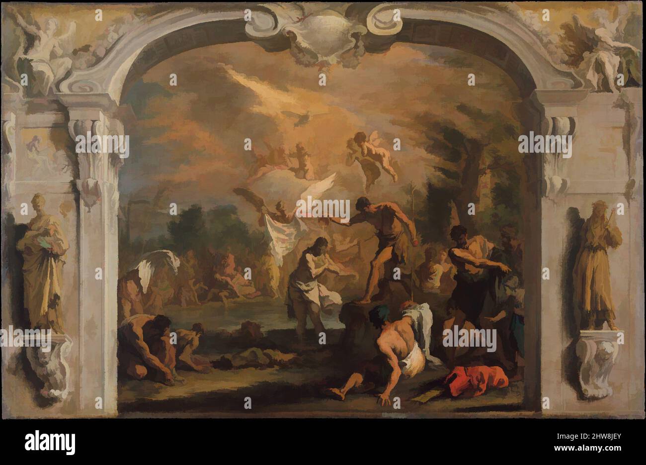Arte ispirata al Battesimo di Cristo, ca. 1713–14, olio su tela, 26 x 40 poll. (66 x 101,6 cm), dipinti, Sebastiano Ricci (Belluno 1659–1734 Venezia), artista di fama internazionale, Ricci lasciò l'Italia per l'Inghilterra nel 1711 o nel 1712. Questo è il più bel dei suoi tre oli, Classic opere modernizzate da Artotop con un tuffo di modernità. Forme, colore e valore, impatto visivo accattivante sulle emozioni artistiche attraverso la libertà delle opere d'arte in modo contemporaneo. Un messaggio senza tempo che persegue una nuova direzione selvaggiamente creativa. Artisti che si rivolgono al supporto digitale e creano l'NFT Artotop Foto Stock