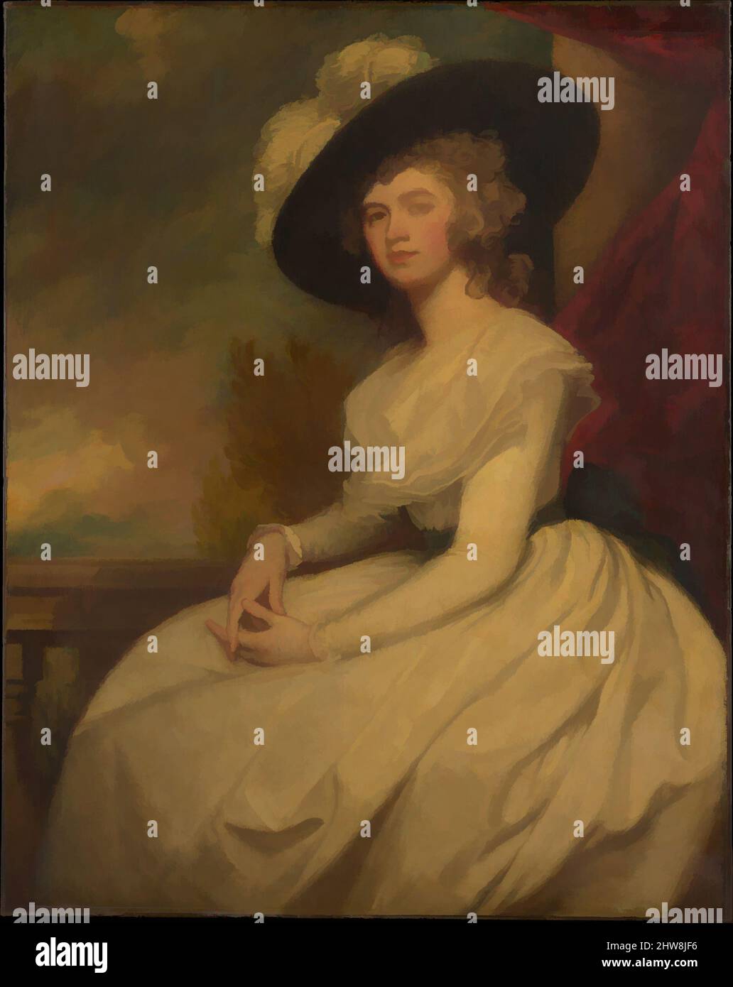 Arte ispirata dalla sig.ra Bryan Cooke (Frances Puleston, 1765–1818), ca. 1787–91, olio su tela, 50 x 39 1/2 poll. (127 x 100,3 cm), dipinti, George Romney (British, Beckside, Lancashire 1734–1802 Kendal, Cumbria), una erede gallese, Frances Puleston è stato sposato nel 1786 con Bryan Cooke, di, opere classiche modernizzate da Artotop con un tuffo di modernità. Forme, colore e valore, impatto visivo accattivante sulle emozioni artistiche attraverso la libertà delle opere d'arte in modo contemporaneo. Un messaggio senza tempo che persegue una nuova direzione selvaggiamente creativa. Artisti che si rivolgono al supporto digitale e creano l'NFT Artotop Foto Stock