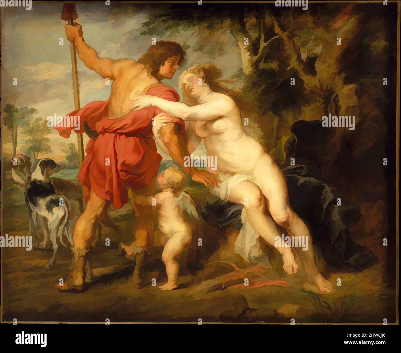 Arte ispirata a Venere e Adonis, probabilmente a metà 1630s, olio su tela, con strisce aggiunte, 77 3/4 x 95 5/8 poll. (197,5 x 242,9 cm), dipinti, Peter Paul Rubens (Fiammingo, Siegen 1577–1640 Anversa), il soggetto è da Metamorfosi di Ovidio (completato nel 8 d.C.). Incidentalmente ingannato da una delle opere classiche modernizzate da Artotop con un tuffo di modernità. Forme, colore e valore, impatto visivo accattivante sulle emozioni artistiche attraverso la libertà delle opere d'arte in modo contemporaneo. Un messaggio senza tempo che persegue una nuova direzione selvaggiamente creativa. Artisti che si rivolgono al supporto digitale e creano l'NFT Artotop Foto Stock