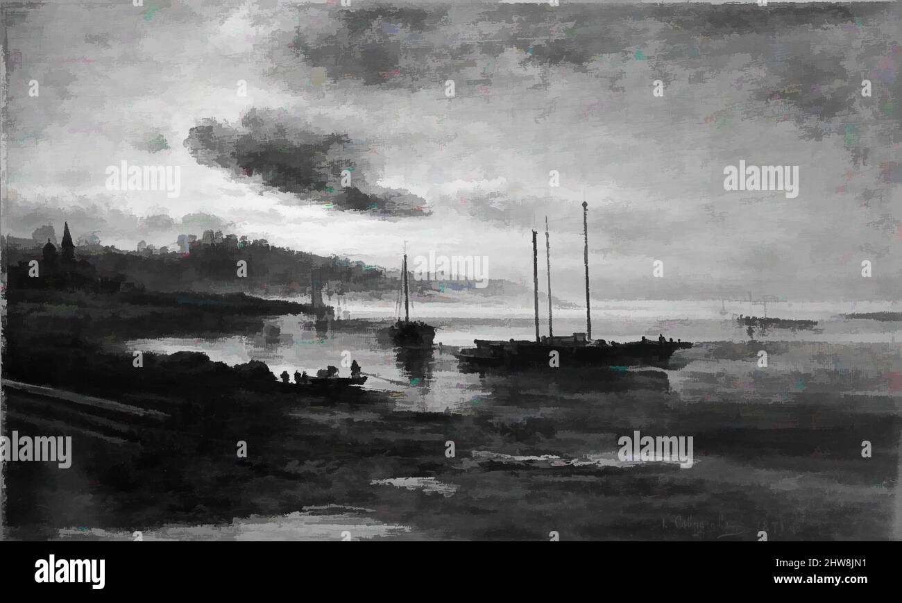 Arte ispirata alla scena notturna sul Volga, 1871, olio su legno, 12 7/8 x 21 1/2 poll. (32,7 x 54,6 cm), dipinti, Alexei Kondratievich Savrasov (russo, Mosca 1830–1897 Mosca, opere classiche modernizzate da Artotop con un tuffo di modernità. Forme, colore e valore, impatto visivo accattivante sulle emozioni artistiche attraverso la libertà delle opere d'arte in modo contemporaneo. Un messaggio senza tempo che persegue una nuova direzione selvaggiamente creativa. Artisti che si rivolgono al supporto digitale e creano l'NFT Artotop Foto Stock