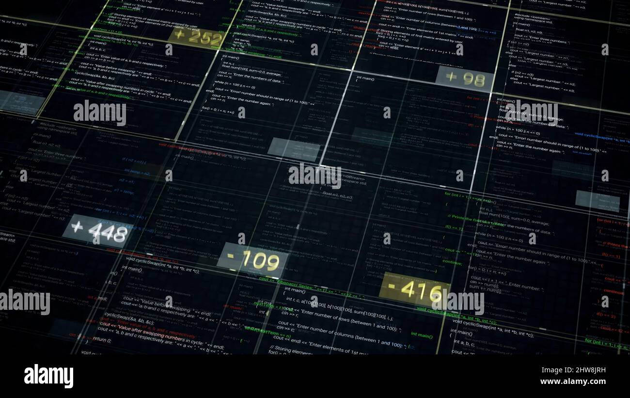 Codici computer in celle con numeri su sfondo nero. Animazione. Lotto di modifica dei dati nelle celle della tabella con deduzioni di numeri. Tavolo da lavoro Foto Stock