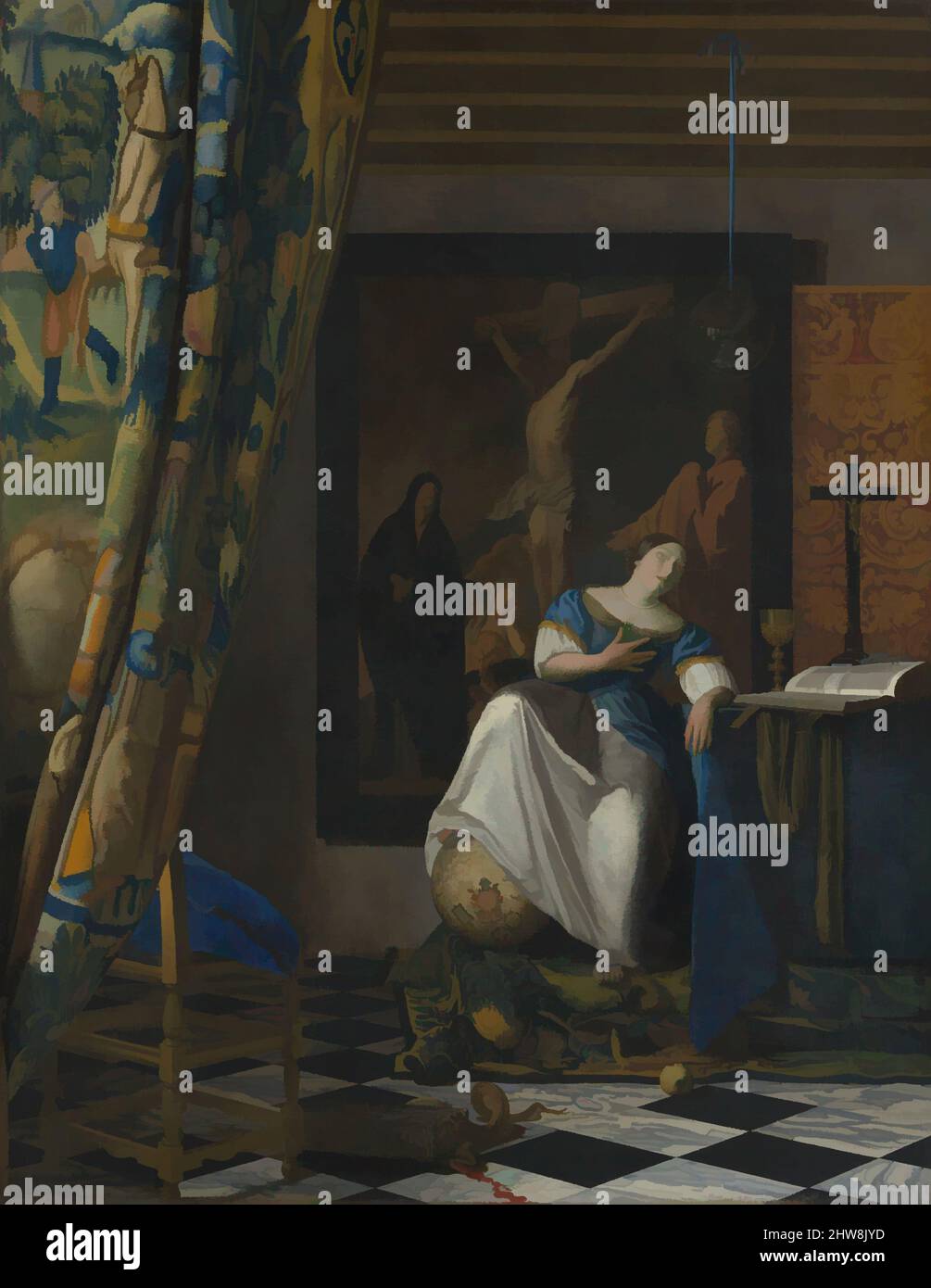 Arte ispirata dall'Allegoria della fede Cattolica, ca. 1670–72, olio su tela, 45 x 35 poll. (114,3 x 88,9 cm), dipinti, Johannes Vermeer (olandese, Delft 1632–1675 Delft), in questa pittura atipica l'artista impiegava uno stile più astratto per adattarsi al soggetto intellettuale. L'emotivo, opere classiche modernizzate da Artotop con un tuffo di modernità. Forme, colore e valore, impatto visivo accattivante sulle emozioni artistiche attraverso la libertà delle opere d'arte in modo contemporaneo. Un messaggio senza tempo che persegue una nuova direzione selvaggiamente creativa. Artisti che si rivolgono al supporto digitale e creano l'NFT Artotop Foto Stock