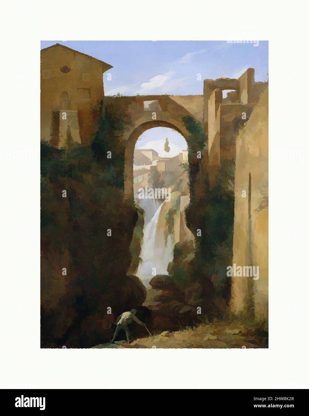 Arte ispirata a Ponte San Rocco e Cascate, Tivoli, ca. 1810–20, olio su tela, 14 7/8 x 11 1/8 poll. (37,8 x 28,3 cm), dipinti, Franois Marius Granet (francese, Aix-en-Provence 1775–1849 Aix-en-Provence), questo dipinto illustra perfettamente il successo di Granet come maestro di piccole opere classiche modernizzate da Artotop con un tuffo di modernità. Forme, colore e valore, impatto visivo accattivante sulle emozioni artistiche attraverso la libertà delle opere d'arte in modo contemporaneo. Un messaggio senza tempo che persegue una nuova direzione selvaggiamente creativa. Artisti che si rivolgono al supporto digitale e creano l'NFT Artotop Foto Stock