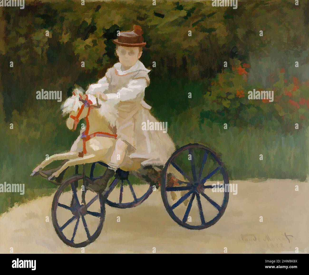 Arte ispirata da Jean Monet (1867-1913) sul suo Hobby Horse, 1872, olio su tela, 23 7/8 x 29 1/4 poll. (60,6 x 74,3 cm), dipinti, Claude Monet (francese, Parigi 1840–1926 Giverny), quando Monet dipinse questa immagine del figlio maggiore, Jean, nell'estate del 1872, l'artista e la sua famiglia aveva, opere classiche modernizzate da Artotop con un tuffo di modernità. Forme, colore e valore, impatto visivo accattivante sulle emozioni artistiche attraverso la libertà delle opere d'arte in modo contemporaneo. Un messaggio senza tempo che persegue una nuova direzione selvaggiamente creativa. Artisti che si rivolgono al supporto digitale e creano l'NFT Artotop Foto Stock