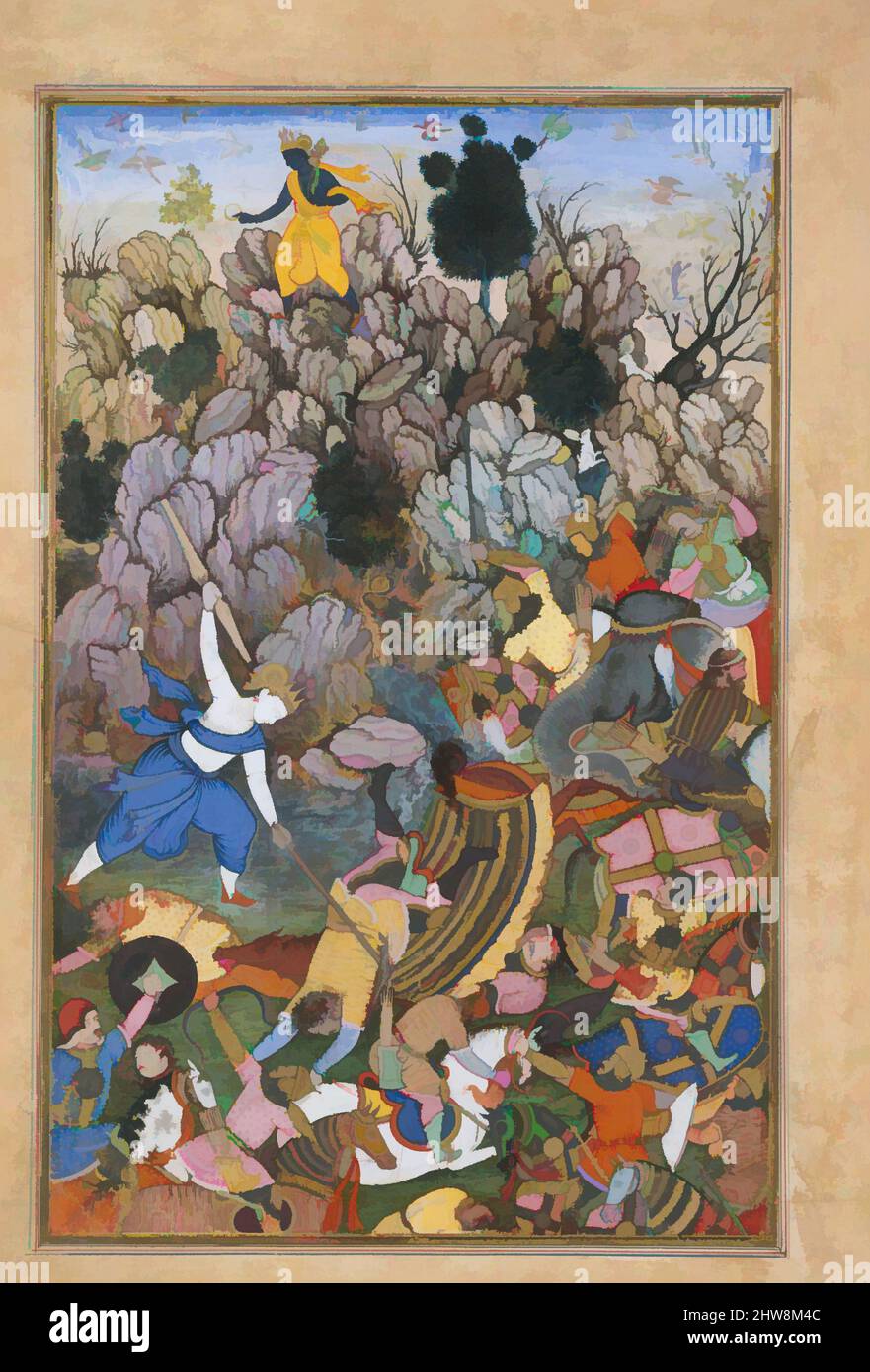 Arte ispirata da Balarama e Krishna Fighting the Enemy', Folio da Harivamsa (la leggenda di Hari (Krishna)), ca. 1590–95, attribuito all'attuale Pakistan, probabilmente Lahore, inchiostro, acquerello opaco e oro su carta, immagine: H. 12 in. (30,5 cm), Codices, l'Harivamsa racconta le opere classiche modernizzate da Artotop con un tuffo di modernità. Forme, colore e valore, impatto visivo accattivante sulle emozioni artistiche attraverso la libertà delle opere d'arte in modo contemporaneo. Un messaggio senza tempo che persegue una nuova direzione selvaggiamente creativa. Artisti che si rivolgono al supporto digitale e creano l'NFT Artotop Foto Stock