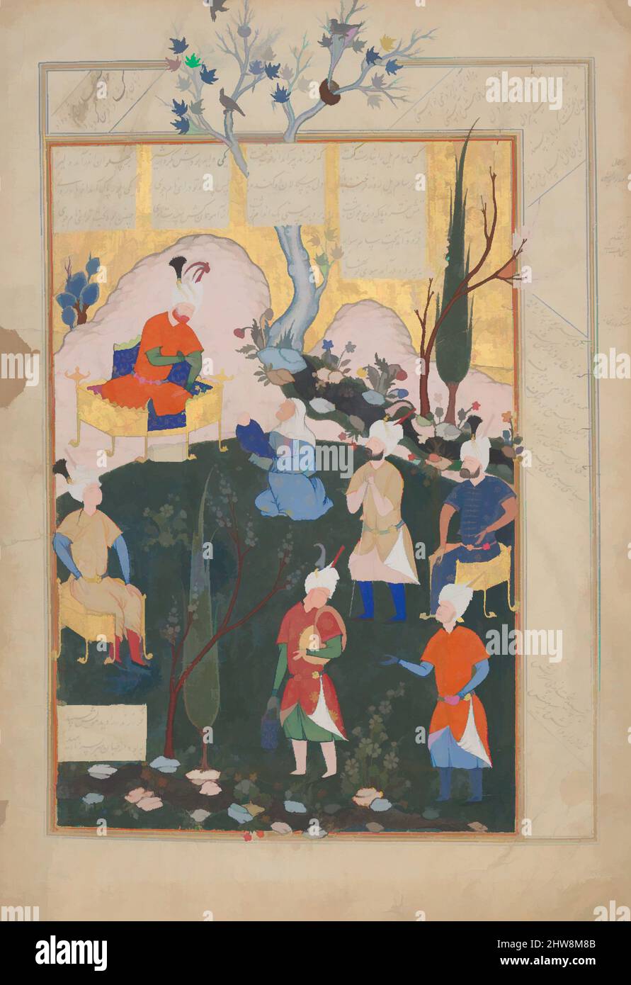 Arte ispirata dalla nascita di Zal', Folio da uno Shahnama (Libro dei Re), 1576–77, attribuita all'Iran, Qazvin, Ink, Acquerello opaco e oro su carta, H. 17 3/4" (45,1 cm), Codices, attribuito a Siyavush (ca. 1536–1610), questa pagina proviene da un manoscritto dell'epica persiana, le opere classiche modernizzate da Artotop con un tocco di modernità. Forme, colore e valore, impatto visivo accattivante sulle emozioni artistiche attraverso la libertà delle opere d'arte in modo contemporaneo. Un messaggio senza tempo che persegue una nuova direzione selvaggiamente creativa. Artisti che si rivolgono al supporto digitale e creano l'NFT Artotop Foto Stock