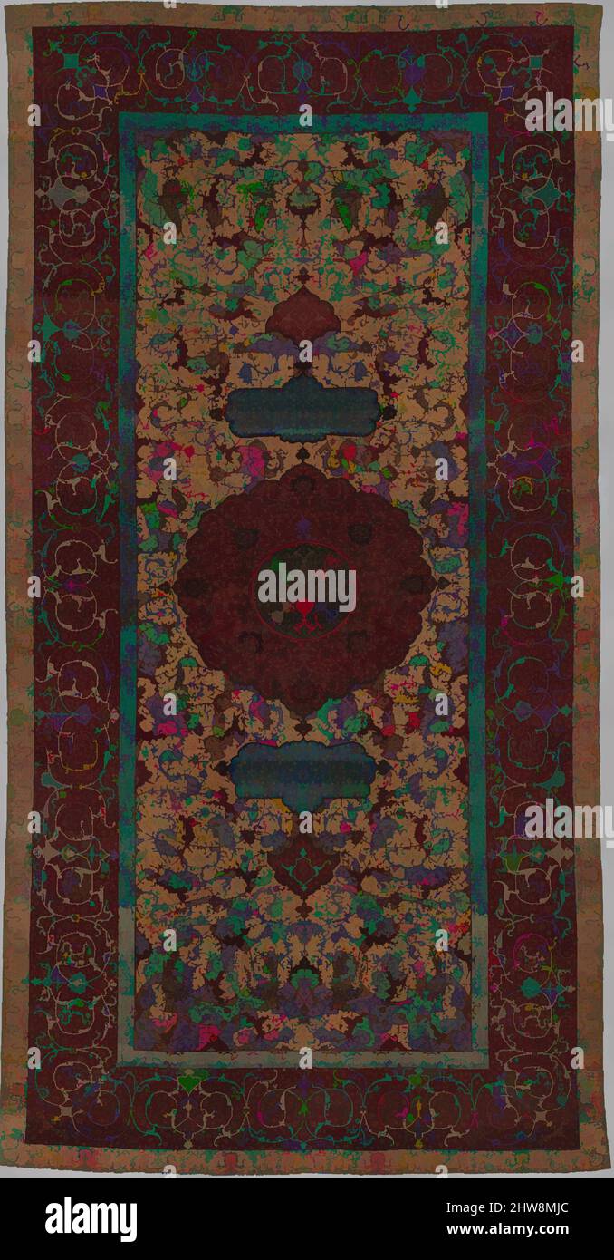 Arte ispirata al tappeto di Medallion di Anhalt, probabilmente la prima metà del 16th secolo, attribuita all'Iran, cotone (ordito), seta (trama), lana (pile); Pelo asimmetrico annodato, Rug: H. 312 poll. (792,5 cm), tessuti-tappeti, le condizioni eccellenti e i colori insoliti di questo tappeto lo rendono un unico, opere classiche modernizzate da Artotop con un tuffo di modernità. Forme, colore e valore, impatto visivo accattivante sulle emozioni artistiche attraverso la libertà delle opere d'arte in modo contemporaneo. Un messaggio senza tempo che persegue una nuova direzione selvaggiamente creativa. Artisti che si rivolgono al supporto digitale e creano l'NFT Artotop Foto Stock