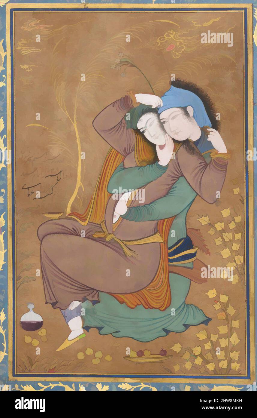 Arte ispirata dagli amanti, datata A.H. 1039/ A.D. 1630, attribuita all'Iran, Isfahan, acquerello opaco, inchiostro, E oro su carta, pittura: H. 6 7/8 poll. (17,5 cm), Codices, Pittura di Riza-yi Abbasi (Persiano, ca. 1565–1635), l'artista Riza yi 'Abbasi ha rivoluzionato la pittura persiana, opere classiche modernizzate da Artotop con un tuffo di modernità. Forme, colore e valore, impatto visivo accattivante sulle emozioni artistiche attraverso la libertà delle opere d'arte in modo contemporaneo. Un messaggio senza tempo che persegue una nuova direzione selvaggiamente creativa. Artisti che si rivolgono al supporto digitale e creano l'NFT Artotop Foto Stock