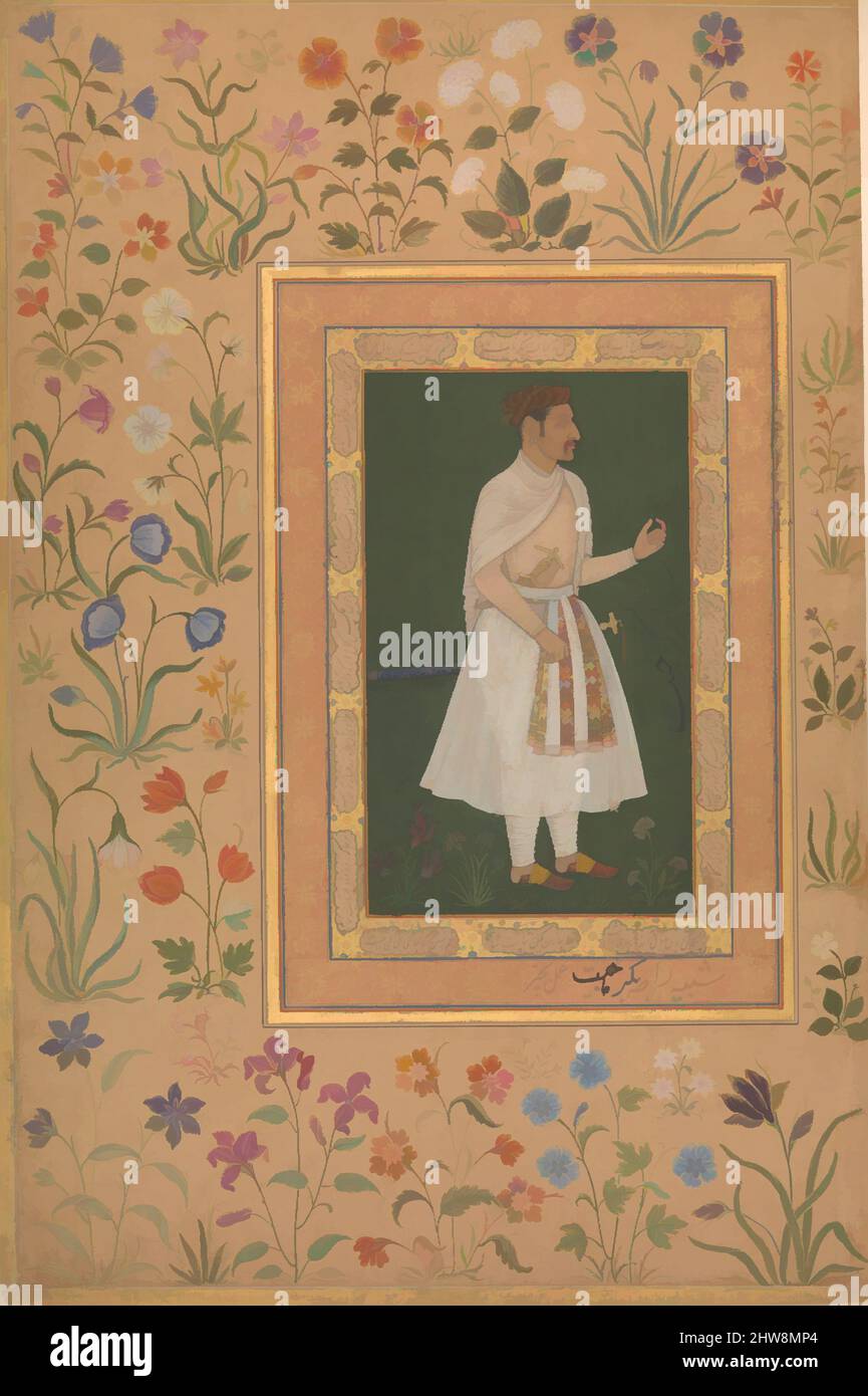 Art Inspired by Ritratto di Raja Bikramajit (Sundar Das)', Folio del Shah Jahan Album, recto: CA. 1620; verso: ca. 1540, attribuito all'India, inchiostro, acquerello opaco, e oro su carta, 15 1/4 x 10 1/8in. (38,7 x 25,7cm), Codices, Pittura di Bichitr (attivo ca. 1610–60), Sundar, opere classiche modernizzate da Artotop con un tuffo di modernità. Forme, colore e valore, impatto visivo accattivante sulle emozioni artistiche attraverso la libertà delle opere d'arte in modo contemporaneo. Un messaggio senza tempo che persegue una nuova direzione selvaggiamente creativa. Artisti che si rivolgono al supporto digitale e creano l'NFT Artotop Foto Stock