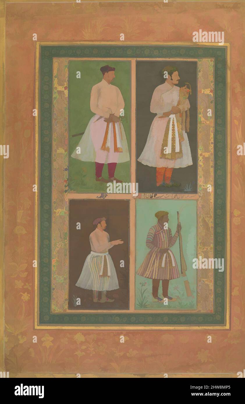 Arte ispirata da quattro ritratti: (In alto a sinistra) Un Raja (forse Raja Sarang Rao), di Balchand; (in alto a destra) 'Inayat Khan, di Daulat; (in basso a sinistra) 'Abd al-Khaliq, probabilmente di Balchand; (in basso a destra) Jamal Khan Qaravul, di Murad', Folio da The Shah Album a: Jahca. 1610–15; verso, opere classiche modernizzate da Artotop con un tocco di modernità. Forme, colore e valore, impatto visivo accattivante sulle emozioni artistiche attraverso la libertà delle opere d'arte in modo contemporaneo. Un messaggio senza tempo che persegue una nuova direzione selvaggiamente creativa. Artisti che si rivolgono al supporto digitale e creano l'NFT Artotop Foto Stock