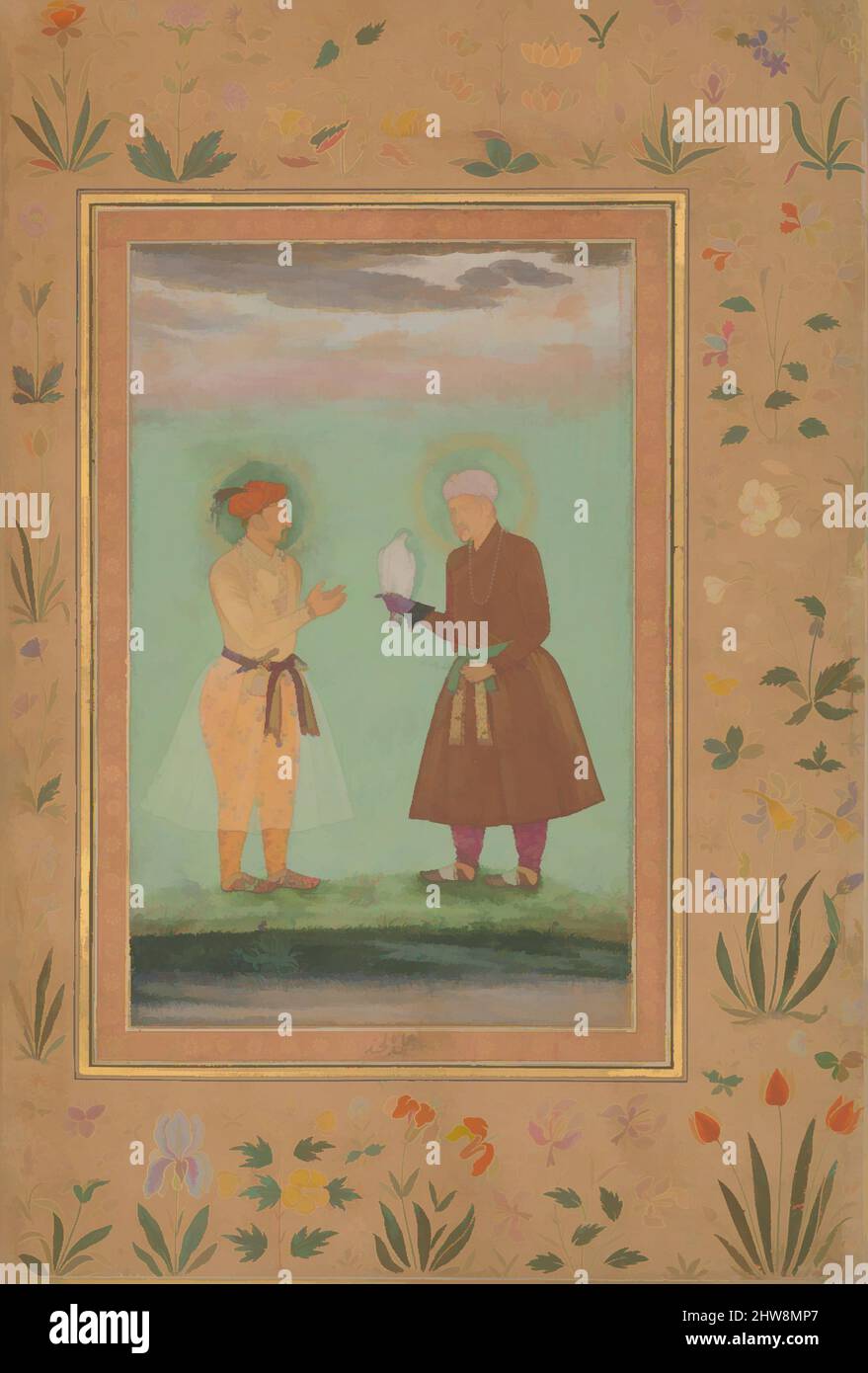 Arte ispirata da Jahangir e suo Padre, Akbar', Folio dal Shah Jahan Album, verso: CA. 1630; recto: CA0–50, attribuito all'India, inchiostro, acquerello opaco, E oro su carta, H. 15 3/8 poll. (39 cm), Codices, Pittura di Balachand (attivo 1595–ca. 1650, opere classiche modernizzate da Artotop con un tuffo di modernità. Forme, colore e valore, impatto visivo accattivante sulle emozioni artistiche attraverso la libertà delle opere d'arte in modo contemporaneo. Un messaggio senza tempo che persegue una nuova direzione selvaggiamente creativa. Artisti che si rivolgono al supporto digitale e creano l'NFT Artotop Foto Stock