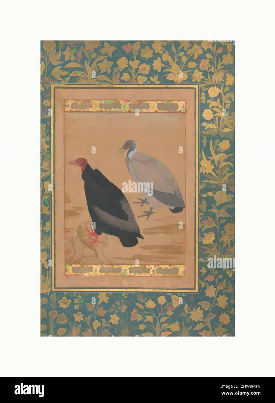 Arte ispirata da Vulture a testa rossa e Vulture a lungo termine, Folio dell'album Shah Jahan, verso: CA. 1615–20; recto: ca. 1535–45, attribuito all'India, inchiostro, acquerello opaco e oro su carta, H. 15 3/8 poll. (39,1 cm), Codices, Pittura di Mansur (attivo ca. 1589–1626), l'artista, opere classiche modernizzate da Artotop con un tuffo di modernità. Forme, colore e valore, impatto visivo accattivante sulle emozioni artistiche attraverso la libertà delle opere d'arte in modo contemporaneo. Un messaggio senza tempo che persegue una nuova direzione selvaggiamente creativa. Artisti che si rivolgono al supporto digitale e creano l'NFT Artotop Foto Stock