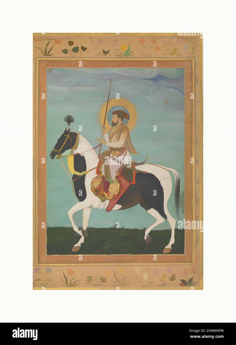 Art Inspired by Shah Jahan on Horseback', Folio from the Shah Jahan Album, verso: CA. 1630; recto: ca. 1530–50, attribuito all'India, inchiostro, acquerello opaco e oro su carta, H. 15 5/16 poll. (38,9 cm), Codices, Pittura di Payag (indiano, attivo ca. 1591–1658), Payag ha lavorato per le opere classiche modernizzate da Artotop con un tuffo di modernità. Forme, colore e valore, impatto visivo accattivante sulle emozioni artistiche attraverso la libertà delle opere d'arte in modo contemporaneo. Un messaggio senza tempo che persegue una nuova direzione selvaggiamente creativa. Artisti che si rivolgono al supporto digitale e creano l'NFT Artotop Foto Stock