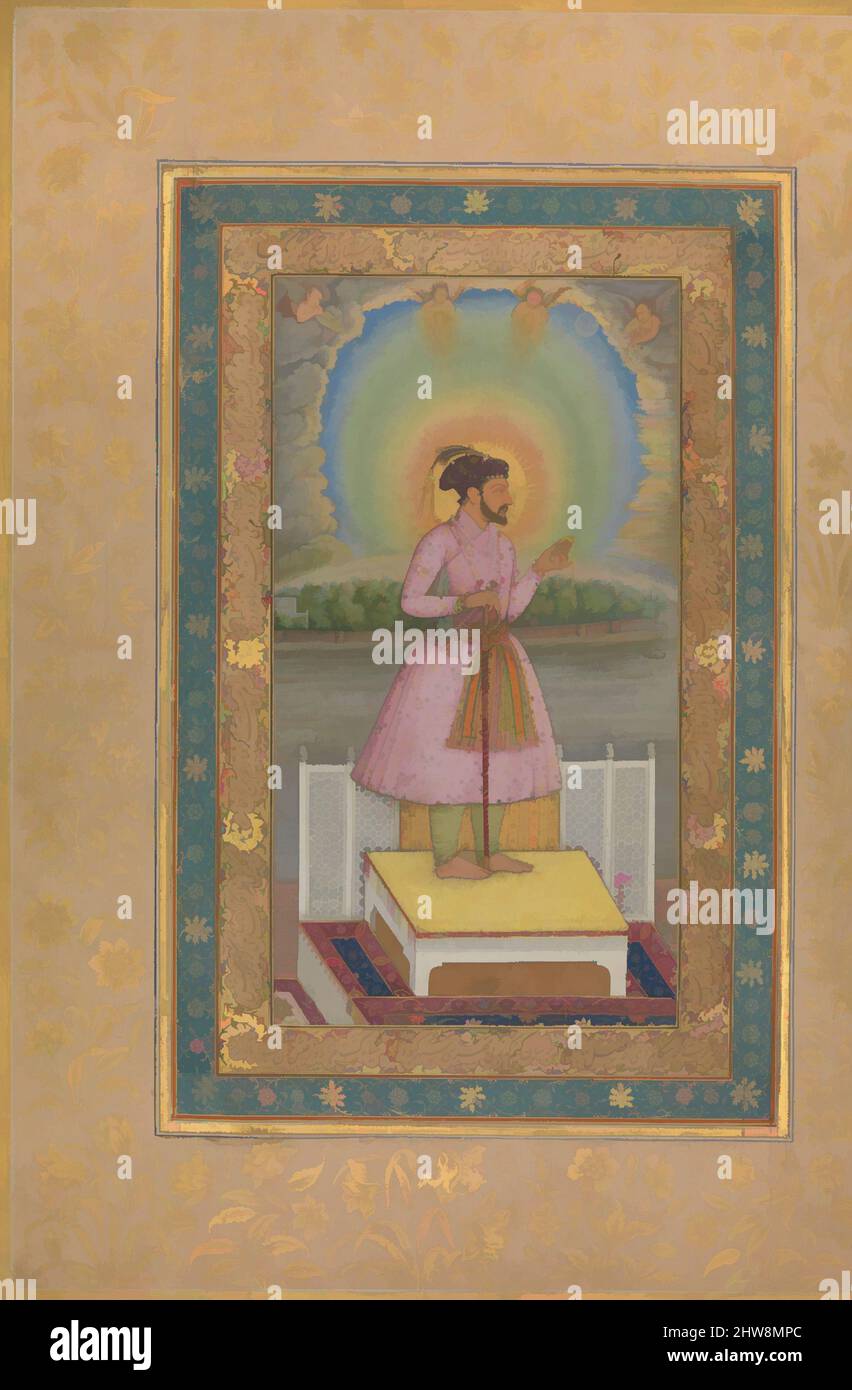 Arte ispirata da Shah Jahan su una terrazza, con un set pendente con il suo Ritratto', Folio dal Shah Jahan Album, recto: 1627–28; verso: CA. 1530–50, attribuito all'India, inchiostro, acquerello opaco e oro su carta, H. 15 5/16 poll. (38,9 cm), Codices, Pittura di Chitarman (ca attiva, opere classiche modernizzate da Artotop con un tuffo di modernità. Forme, colore e valore, impatto visivo accattivante sulle emozioni artistiche attraverso la libertà delle opere d'arte in modo contemporaneo. Un messaggio senza tempo che persegue una nuova direzione selvaggiamente creativa. Artisti che si rivolgono al supporto digitale e creano l'NFT Artotop Foto Stock