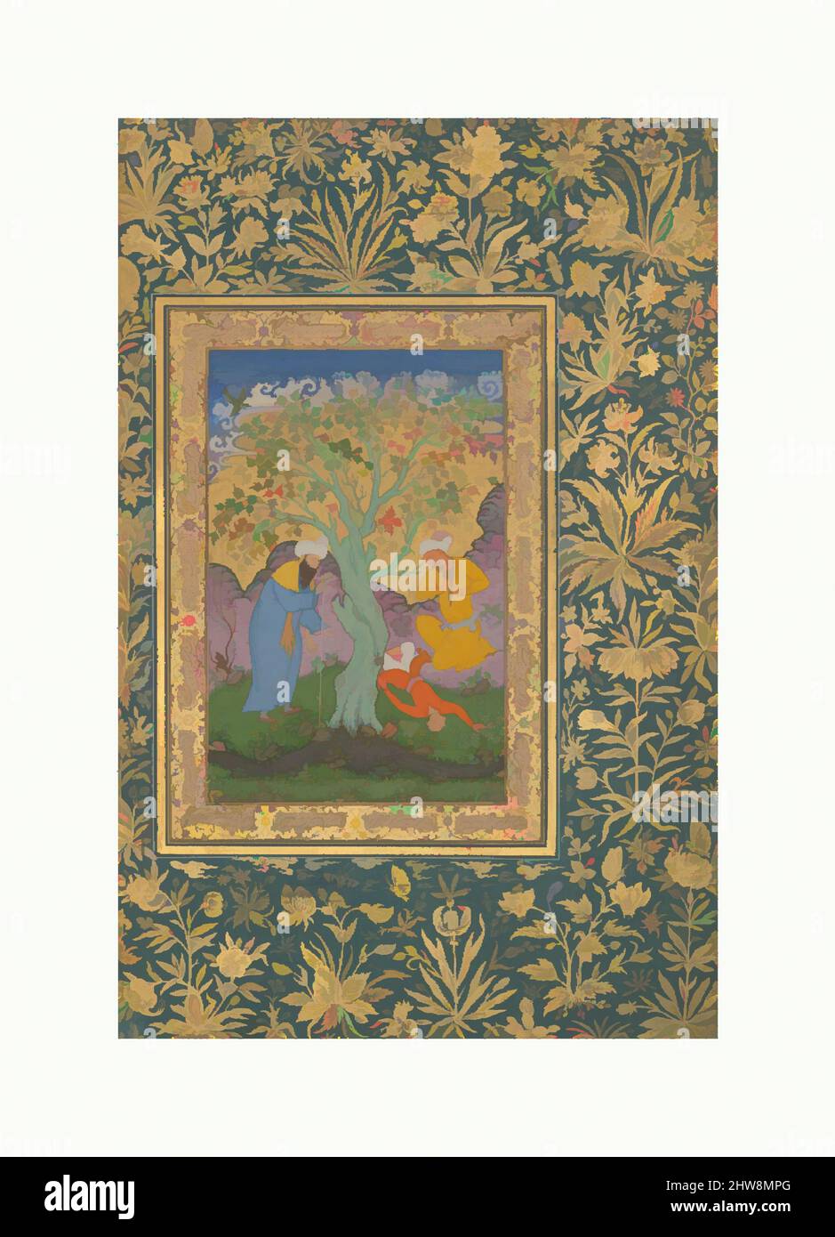 Arte ispirata da un giovane caduto da un albero', Folio dal Shah Jahan Album, verso: CA. 1610; recto: ca. 1530, attribuito a India, inchiostro, acquerello opaco, e oro su carta, H. 15 3/8 poll. (39 cm), Codices, Pittura di Aqa Riza (Iraniano, nato Meshed, ca. 1560, attivo fino a ca. 1621, opere classiche modernizzate da Artotop con un tuffo di modernità. Forme, colore e valore, impatto visivo accattivante sulle emozioni artistiche attraverso la libertà delle opere d'arte in modo contemporaneo. Un messaggio senza tempo che persegue una nuova direzione selvaggiamente creativa. Artisti che si rivolgono al supporto digitale e creano l'NFT Artotop Foto Stock