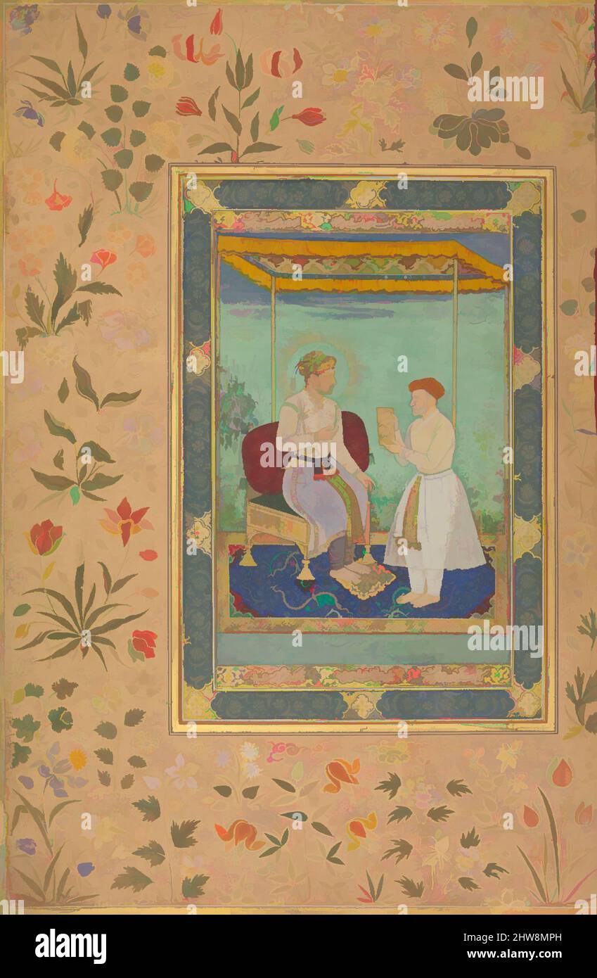 Arte ispirata da Jahangir e il suo Vizier, i'timad al-Daula', Folio dal Shah Jahan Album, recto: CA. 1615; verso: ca. 1530–45, attribuito all'India, inchiostro, acquerello opaco e oro su carta, 15 3/8 x 10 3/16in. (39 x 25,9cm), Codices, Manohar (attivo ca. 1582–1624), mentre Jahangir (, opere classiche modernizzate da Artotop con un tuffo di modernità. Forme, colore e valore, impatto visivo accattivante sulle emozioni artistiche attraverso la libertà delle opere d'arte in modo contemporaneo. Un messaggio senza tempo che persegue una nuova direzione selvaggiamente creativa. Artisti che si rivolgono al supporto digitale e creano l'NFT Artotop Foto Stock