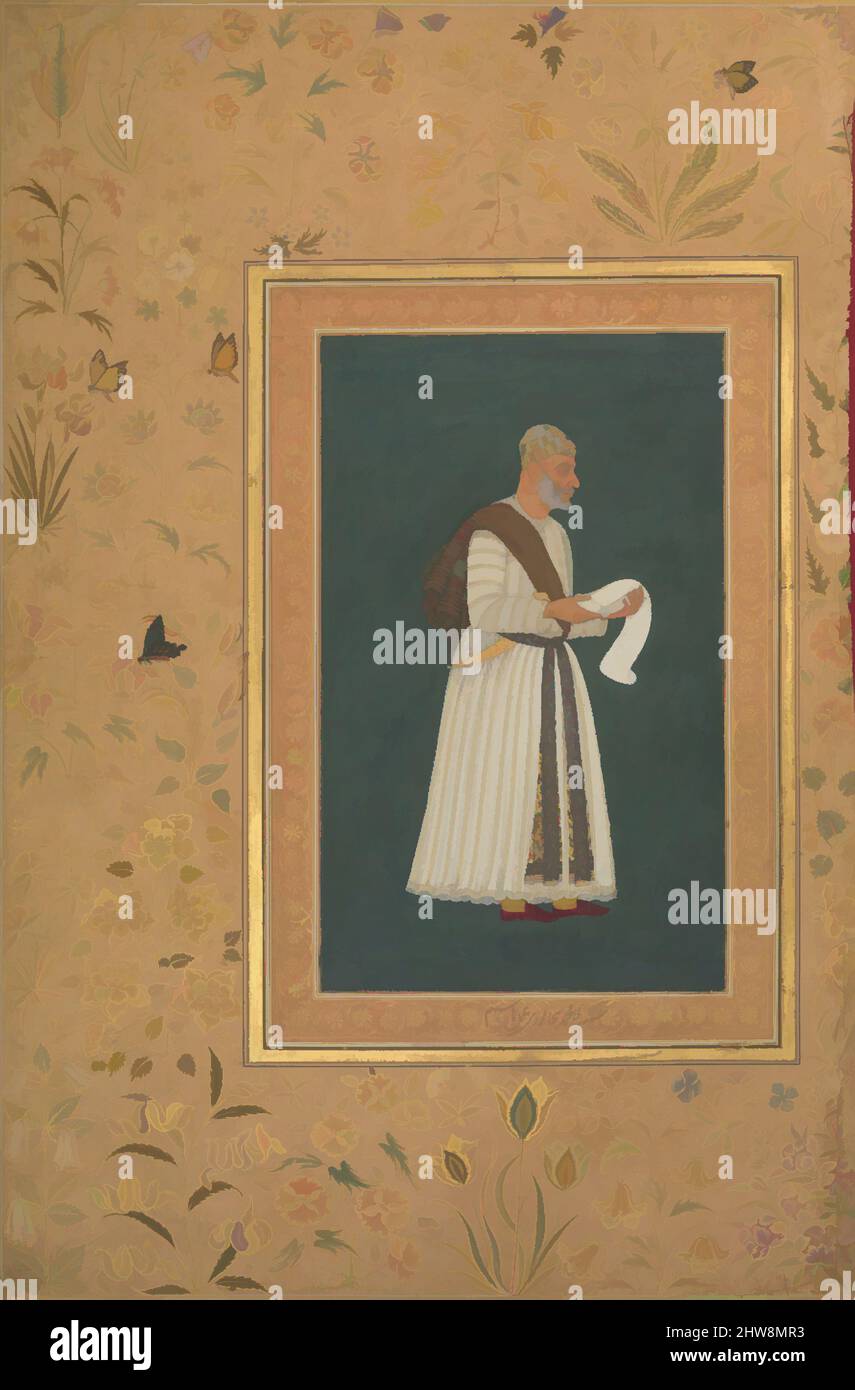 Arte ispirata dal Ritratto di Mulla Muhammad Khan Vali di Bijapur', Folio dell'album Shah Jahan, recto: CA. 1620; verso: 1537–47, attribuito all'India, inchiostro, acquerello opaco, E oro su carta, H. 15 5/16 poll. (38,9 cm), Codices, Pittura di Hashim (attivo 1620–60), l'iscrizione in, opere classiche modernizzate da Artotop con un tuffo di modernità. Forme, colore e valore, impatto visivo accattivante sulle emozioni artistiche attraverso la libertà delle opere d'arte in modo contemporaneo. Un messaggio senza tempo che persegue una nuova direzione selvaggiamente creativa. Artisti che si rivolgono al supporto digitale e creano l'NFT Artotop Foto Stock