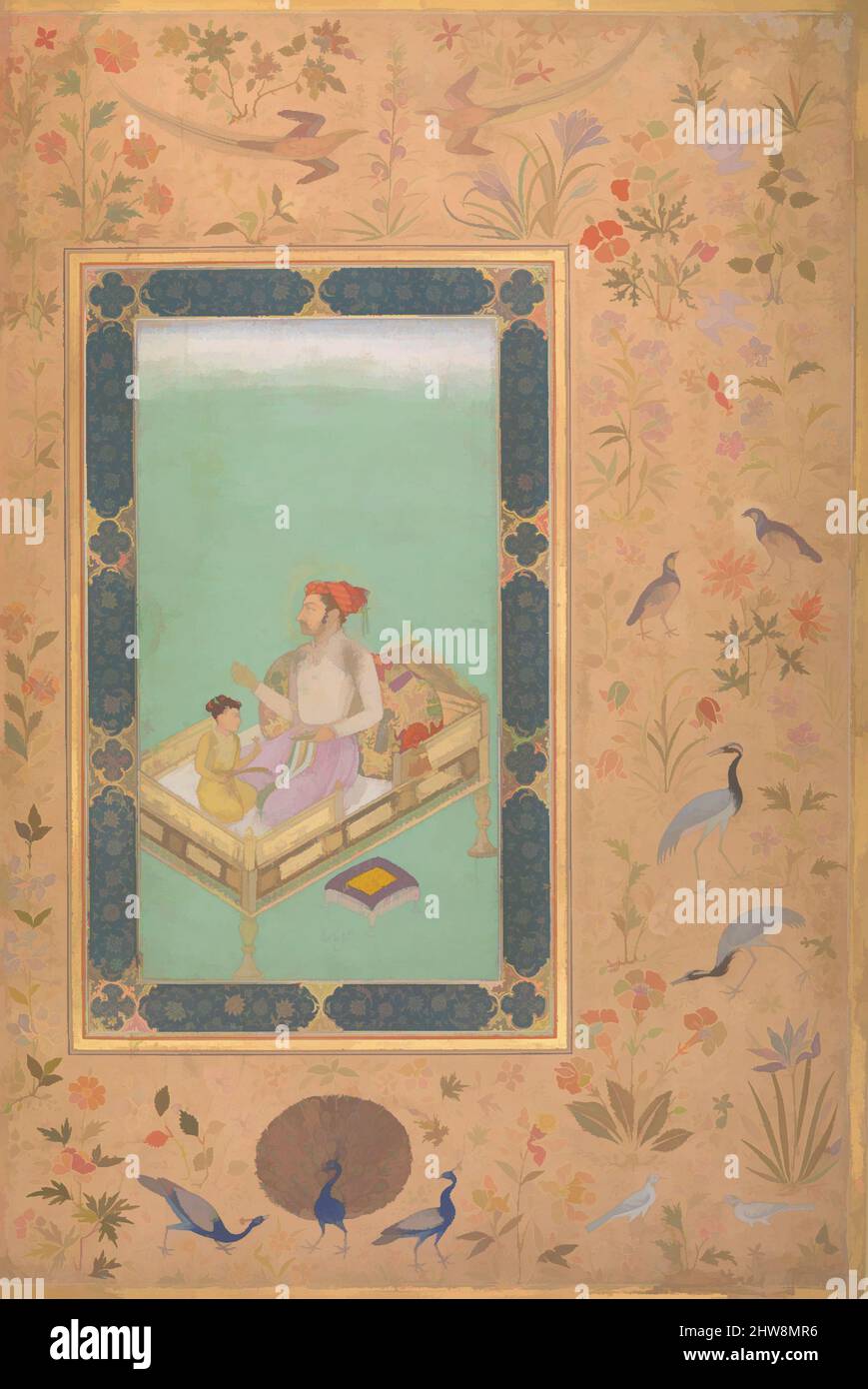 Arte ispirata dall'imperatore Shah Jahan con suo Figlio Dara Shikoh', Folio dell'album Shah Jahan, verso: CA. 1620; recto: ca. 1530–50, attribuito all'India, inchiostro, acquerello opaco e oro su carta, H. 15 5/16 poll. (38,9 cm), Codices, Pittura di Nanha, questa immagine superbamente dipinta, opere classiche modernizzate da Artotop con un tuffo di modernità. Forme, colore e valore, impatto visivo accattivante sulle emozioni artistiche attraverso la libertà delle opere d'arte in modo contemporaneo. Un messaggio senza tempo che persegue una nuova direzione selvaggiamente creativa. Artisti che si rivolgono al supporto digitale e creano l'NFT Artotop Foto Stock