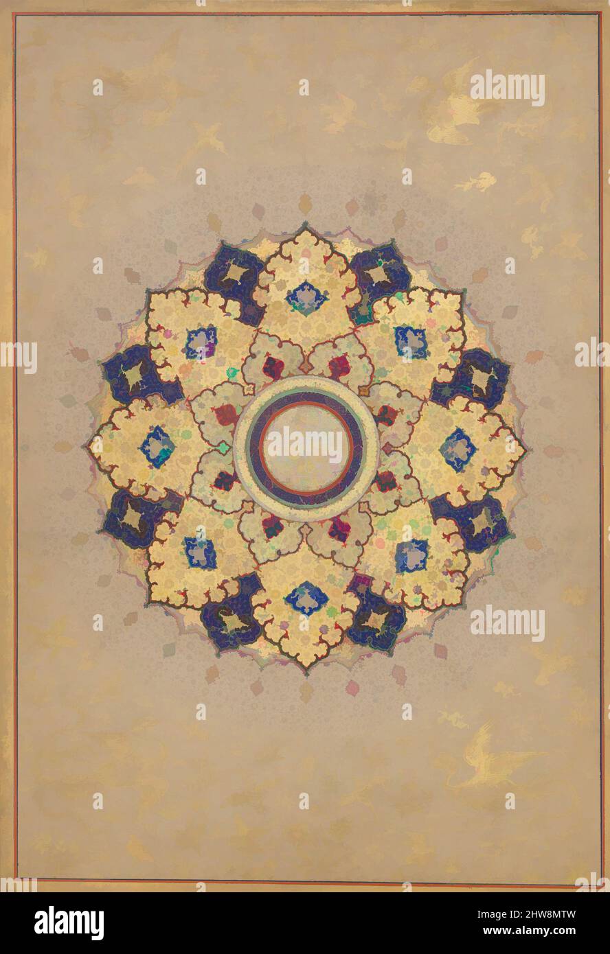 Arte ispirata da Rosette che porta i nomi e i titoli di Shah Jahan', Folio dal Shah Jahan Album, recto: CA. 1645; verso: ca. 1630–40, prodotto in India, inchiostro, acquerello opaco e oro su carta, H. 15 3/16 poll. (38,6 cm), Codices, una sciamsa (letteralmente, sole) tradizionalmente aperta, opere classiche modernizzate da Artotop con un tuffo di modernità. Forme, colore e valore, impatto visivo accattivante sulle emozioni artistiche attraverso la libertà delle opere d'arte in modo contemporaneo. Un messaggio senza tempo che persegue una nuova direzione selvaggiamente creativa. Artisti che si rivolgono al supporto digitale e creano l'NFT Artotop Foto Stock