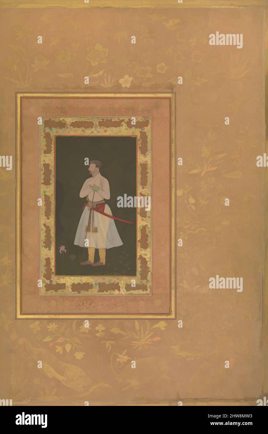 Arte ispirata da Ritratto di Jahangir Beg, Jansipar Khan', Folio dal Shah Jahan Album, verso: CA. 1627; recto: ca. 1530–50, attribuito all'India, inchiostro, acquerello opaco e oro su carta, H. 15 3/8 poll. (39 cm), Codices, Pittura di Balchand (indiano, 1595–ca. 1650, opere classiche modernizzate da Artotop con un tuffo di modernità. Forme, colore e valore, impatto visivo accattivante sulle emozioni artistiche attraverso la libertà delle opere d'arte in modo contemporaneo. Un messaggio senza tempo che persegue una nuova direzione selvaggiamente creativa. Artisti che si rivolgono al supporto digitale e creano l'NFT Artotop Foto Stock