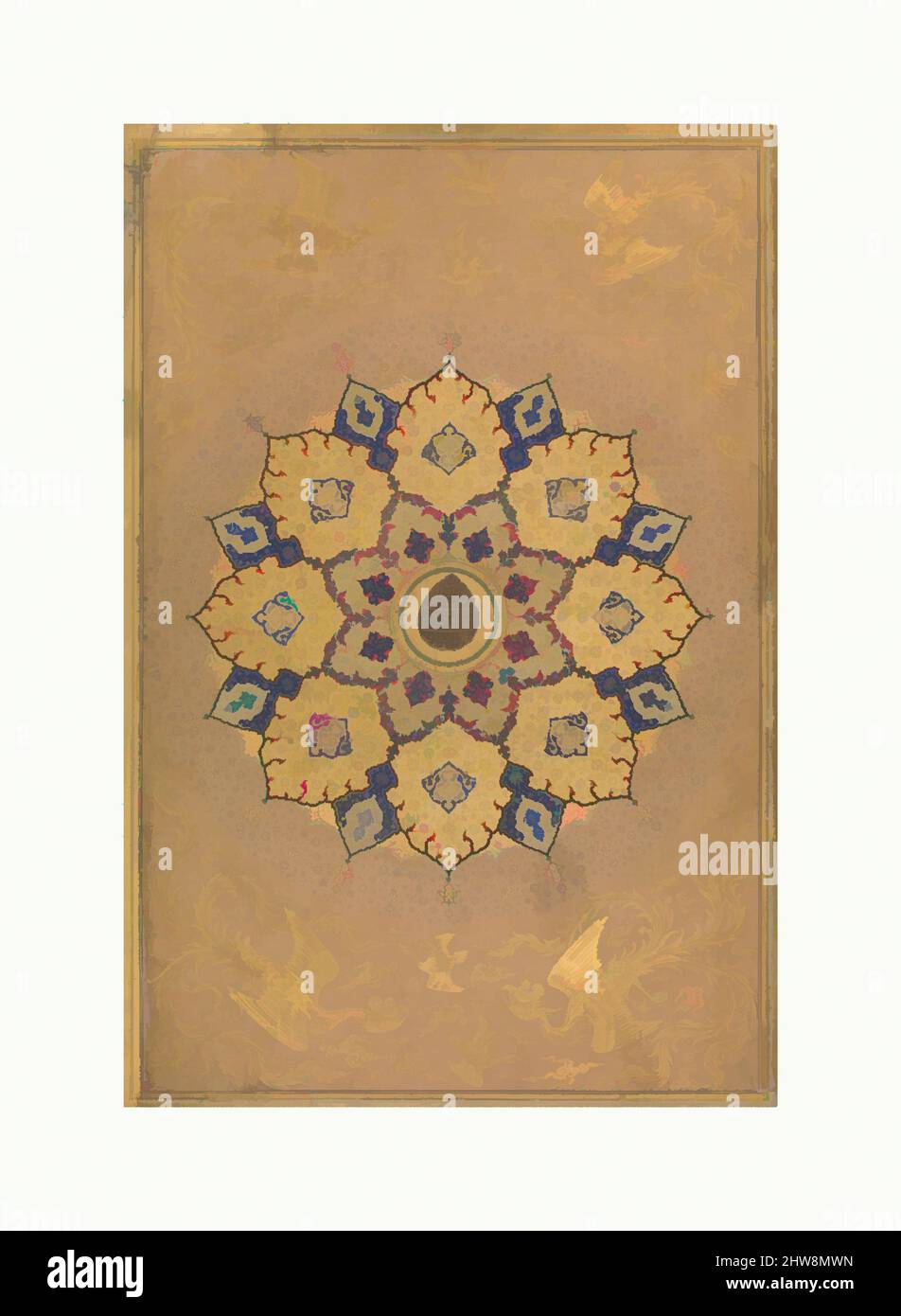 Arte ispirata da Rosette recante il nome e il titolo dell'imperatore Aurangzeb (recto), dal Shah Jahan Album, recto: CA. 1658; verso: ca. 1630–40, attribuito all'India, inchiostro, acquerello opaco e oro su carta, H. 15 3/16 poll. (38,6 cm), Codices, opere classiche modernizzate da Artotop con un tuffo di modernità. Forme, colore e valore, impatto visivo accattivante sulle emozioni artistiche attraverso la libertà delle opere d'arte in modo contemporaneo. Un messaggio senza tempo che persegue una nuova direzione selvaggiamente creativa. Artisti che si rivolgono al supporto digitale e creano l'NFT Artotop Foto Stock