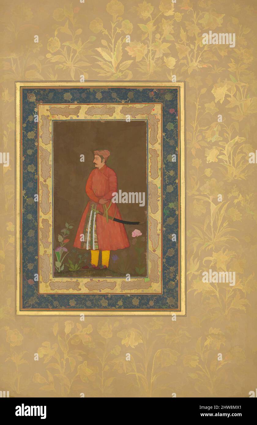 Arte ispirata da Ritratto di Rup Singh', Folio dell'album Shah Jahan, verso: CA. 1615–20; recto: ca. 1500, attribuito all'India, inchiostro, acquerello opaco e oro su carta, pagina: H. 15 5/16 in. (38,9 cm), Codices, Pittura di Govardhan (attivo ca. 1596–1645), il tema di questo, opere classiche modernizzate da Artotop con un tuffo di modernità. Forme, colore e valore, impatto visivo accattivante sulle emozioni artistiche attraverso la libertà delle opere d'arte in modo contemporaneo. Un messaggio senza tempo che persegue una nuova direzione selvaggiamente creativa. Artisti che si rivolgono al supporto digitale e creano l'NFT Artotop Foto Stock