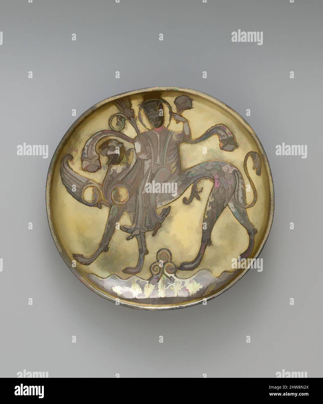 Arte ispirata da piastra raffigurante una figura femminile che cavalra una fantastica bestia alata, probabilmente 8th secolo, attribuita all'Iran, Argento; dorato, Incisa e incisa, con elementi applicati, H. 1 9/16" (4,0 cm), Metal, come Sasanian esempi, questo piatto raffigura una figura femminile a cavallo di un, opere classiche modernizzate da Artotop con un tuffo di modernità. Forme, colore e valore, impatto visivo accattivante sulle emozioni artistiche attraverso la libertà delle opere d'arte in modo contemporaneo. Un messaggio senza tempo che persegue una nuova direzione selvaggiamente creativa. Artisti che si rivolgono al supporto digitale e creano l'NFT Artotop Foto Stock