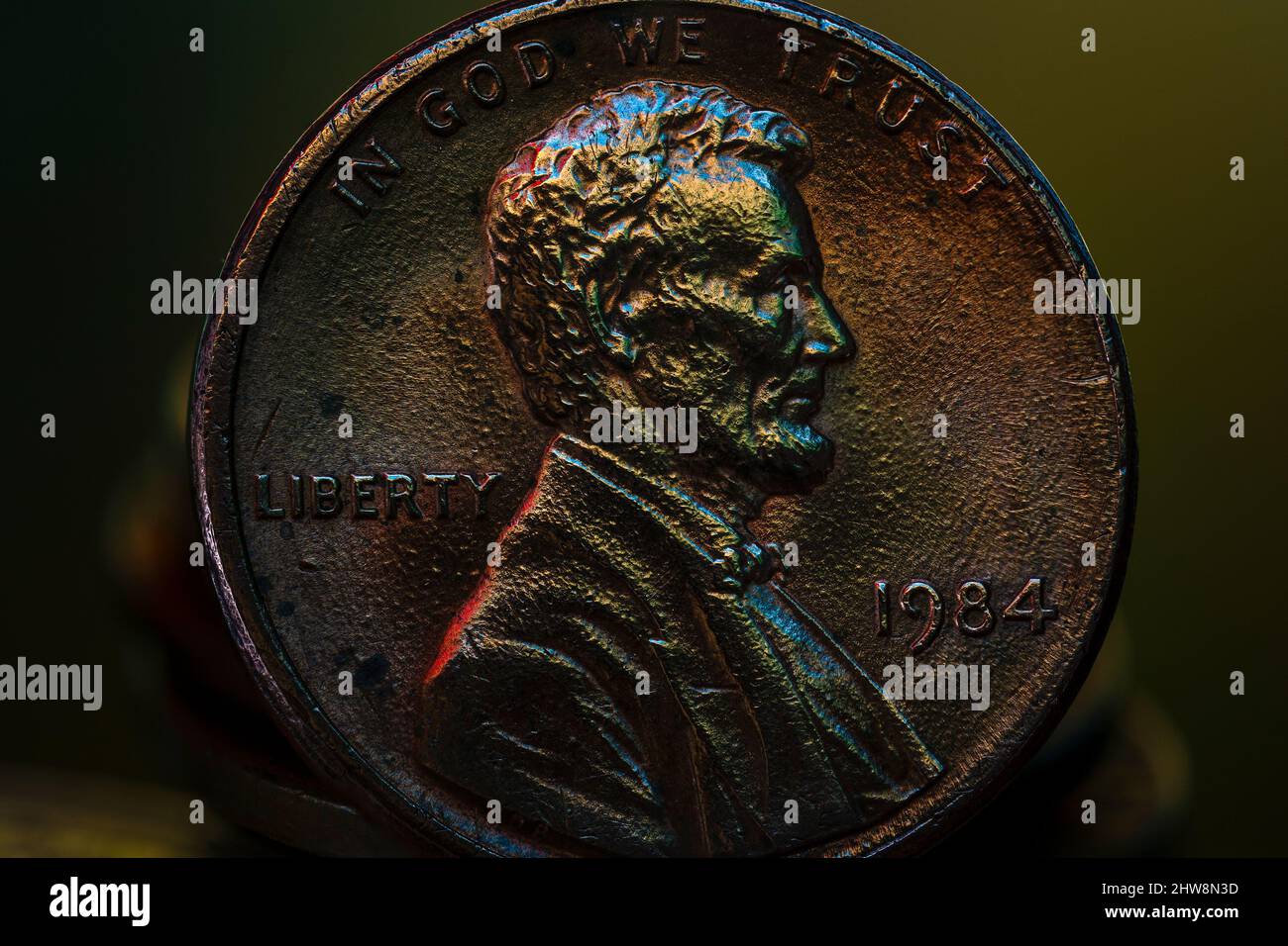 One Cent Lincoln Penny 1984 Super Macro Foto Stock