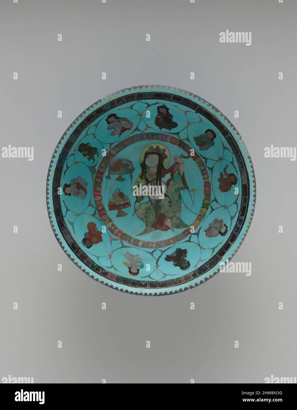 Arte ispirata al Turquoise Bowl con Lute Player and Audience, fine 12th-inizio 13th secolo, attribuita all'Iran, Stonepaste; smaltata (opaca monocromatica), in-glassatura e sovraverglassata, Dorato, H. 3 1/2 poll. (8,9 cm), Ceramics, un grande gruppo con un pubblico di dieci persone, o cantanti, opere classiche modernizzate da Artotop con un tuffo di modernità. Forme, colore e valore, impatto visivo accattivante sulle emozioni artistiche attraverso la libertà delle opere d'arte in modo contemporaneo. Un messaggio senza tempo che persegue una nuova direzione selvaggiamente creativa. Artisti che si rivolgono al supporto digitale e creano l'NFT Artotop Foto Stock