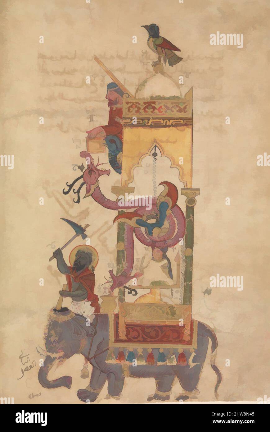 Arte ispirata all'Orologio degli Elefanti, Folio da un libro della conoscenza dei dispositivi meccanici ingegnosi di al-Jazari, datato A.H. 715/A.D. 1315, prodotto in Siria, inchiostro, acquerello opaco, e oro su carta, 11 13/16 x 7 3/4in. (30 x 19,7cm), Codices, questa pagina proviene da un trattato su, opere classiche modernizzate da Artotop con un tuffo di modernità. Forme, colore e valore, impatto visivo accattivante sulle emozioni artistiche attraverso la libertà delle opere d'arte in modo contemporaneo. Un messaggio senza tempo che persegue una nuova direzione selvaggiamente creativa. Artisti che si rivolgono al supporto digitale e creano l'NFT Artotop Foto Stock
