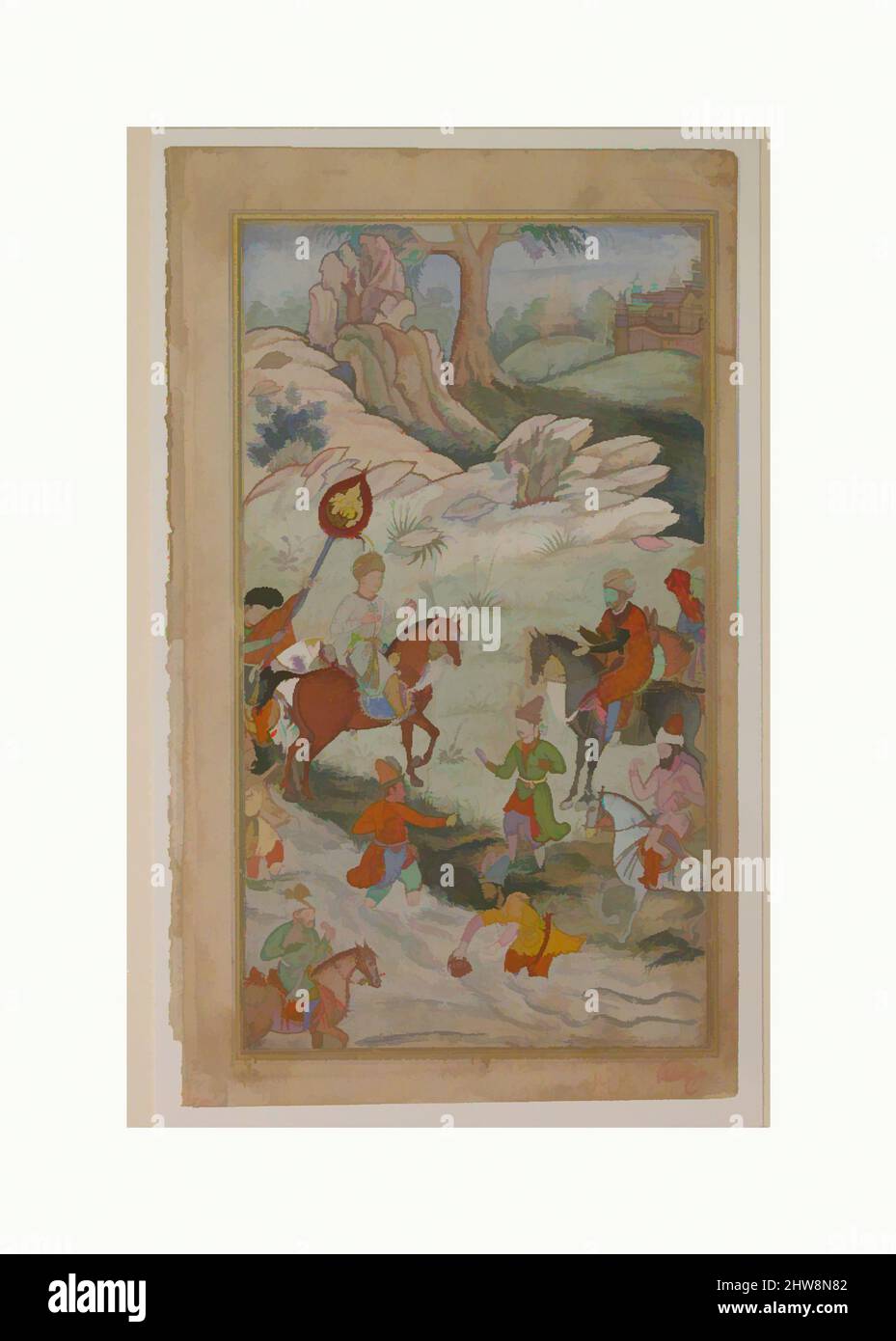 Arte ispirata da incontro tra Babur e Sultano 'Ali Mirza vicino Samarqand', Folio da una Baburnama (il Libro di Babur), ca. 1590, made in present-day Pakistan, probabilmente Lahore, inchiostro, acquerello opaco, e oro su carta, pagina: 10 1/2 x 6 1/4 in. (26,6 x 15,9 cm), Codices, le memorie, opere classiche modernizzate da Artotop con un tuffo di modernità. Forme, colore e valore, impatto visivo accattivante sulle emozioni artistiche attraverso la libertà delle opere d'arte in modo contemporaneo. Un messaggio senza tempo che persegue una nuova direzione selvaggiamente creativa. Artisti che si rivolgono al supporto digitale e creano l'NFT Artotop Foto Stock