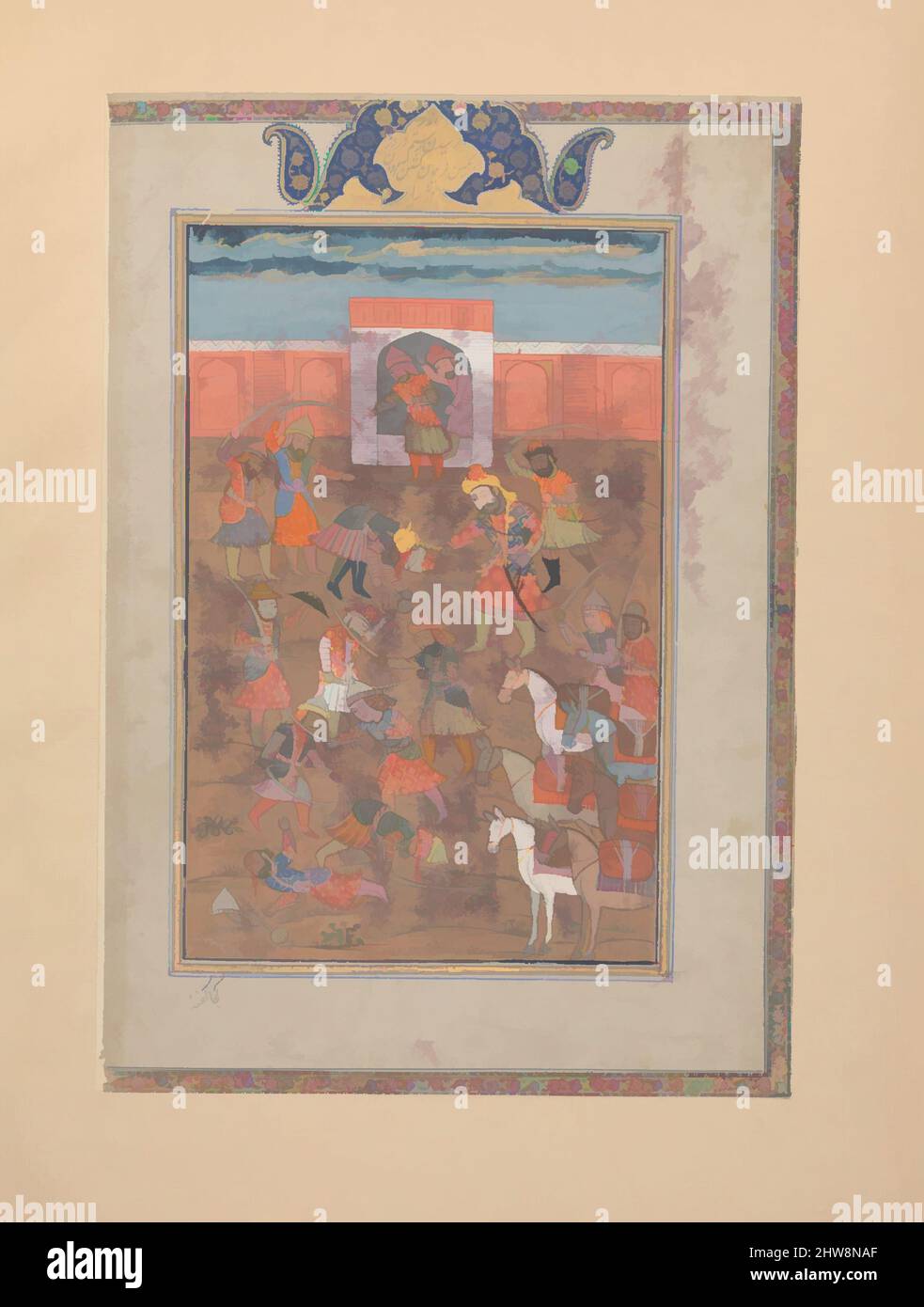 L'arte ispirata da Rustam cattura la Cittadella del Monte Sipand', Folio da uno Shahnama (Libro dei Re), fine 19th-inizio 20th secolo, attribuita a India, Kashmir, inchiostro, acquerello opaco, argento, e oro su carta, 12 7/16 x 8 9/16in. (31,6 x 21,7cm), Codices, Abu'l Qasim Firdausi (935–, opere classiche modernizzate da Artotop con un tocco di modernità. Forme, colore e valore, impatto visivo accattivante sulle emozioni artistiche attraverso la libertà delle opere d'arte in modo contemporaneo. Un messaggio senza tempo che persegue una nuova direzione selvaggiamente creativa. Artisti che si rivolgono al supporto digitale e creano l'NFT Artotop Foto Stock