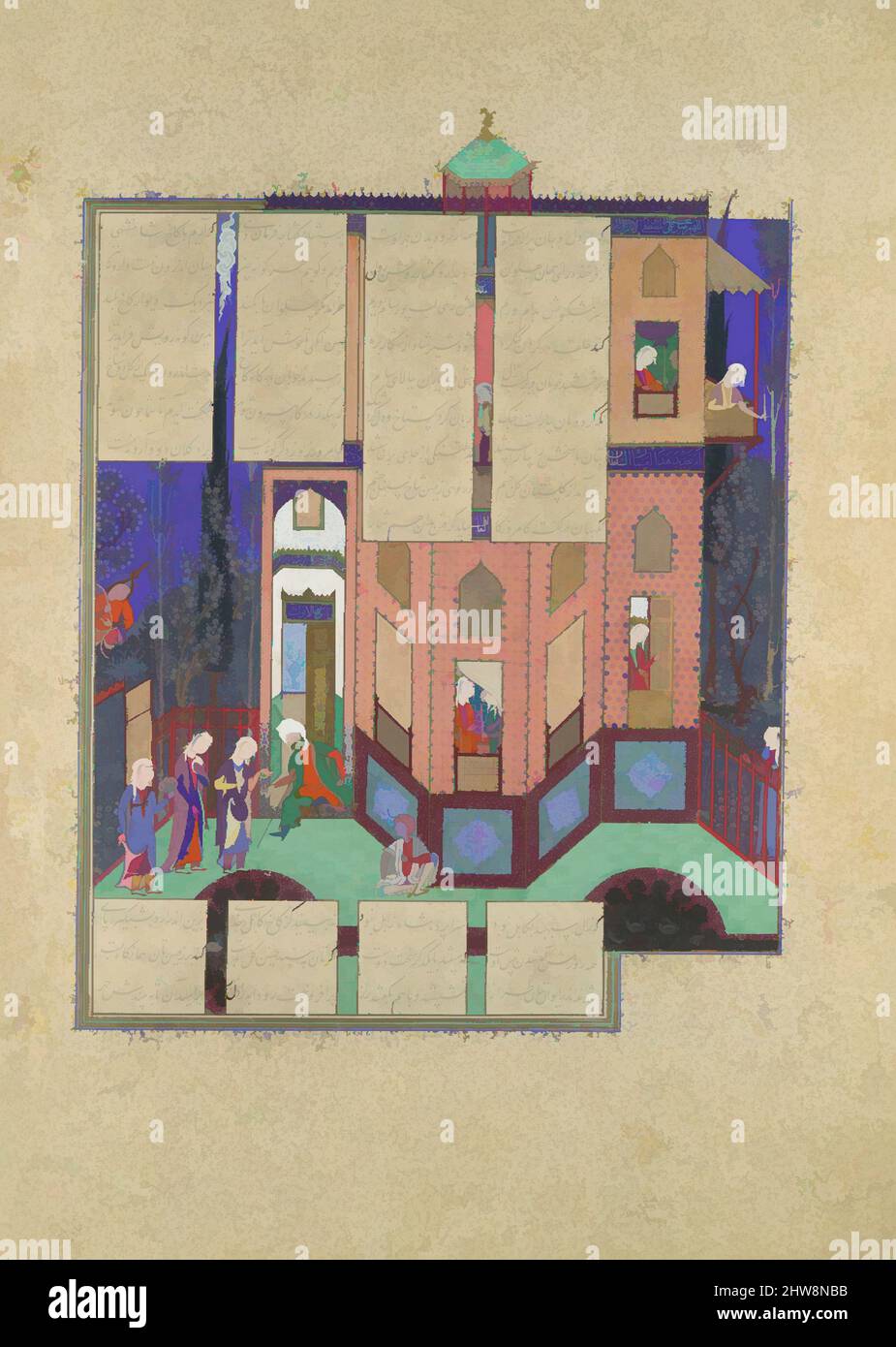 Arte ispirata alle Maids di Rudaba ritorno al Palazzo', Folio 71v dallo Shahnama (Libro dei Re) di Shah Tahmasp, ca. 1525, fabbricato in Iran, Tabriz, acquerello opaco, inchiostro, Argento e oro su carta, pittura: H. 12 5/16 x W. 9 7/16 poll. (H. 31,3 x W. 23,9 cm), Codices, Pittura, opere classiche modernizzate da Artotop con un tuffo di modernità. Forme, colore e valore, impatto visivo accattivante sulle emozioni artistiche attraverso la libertà delle opere d'arte in modo contemporaneo. Un messaggio senza tempo che persegue una nuova direzione selvaggiamente creativa. Artisti che si rivolgono al supporto digitale e creano l'NFT Artotop Foto Stock