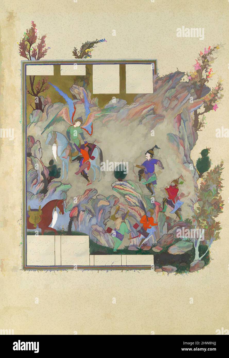 Arte ispirata dall'Angelo Surush Rescues Khusrau Parviz da un cUL-de-sac', Folio 708v dal Shahnama (Libro dei Re) di Shah Tahmasp, ca. 1530–35, fabbricato in Iran, Tabriz, acquerello opaco, inchiostro, Argento, e oro su carta, pittura: H. 13 1/2 poll. (34,3 cm), Codices, Pittura, opere classiche modernizzate da Artotop con un tuffo di modernità. Forme, colore e valore, impatto visivo accattivante sulle emozioni artistiche attraverso la libertà delle opere d'arte in modo contemporaneo. Un messaggio senza tempo che persegue una nuova direzione selvaggiamente creativa. Artisti che si rivolgono al supporto digitale e creano l'NFT Artotop Foto Stock
