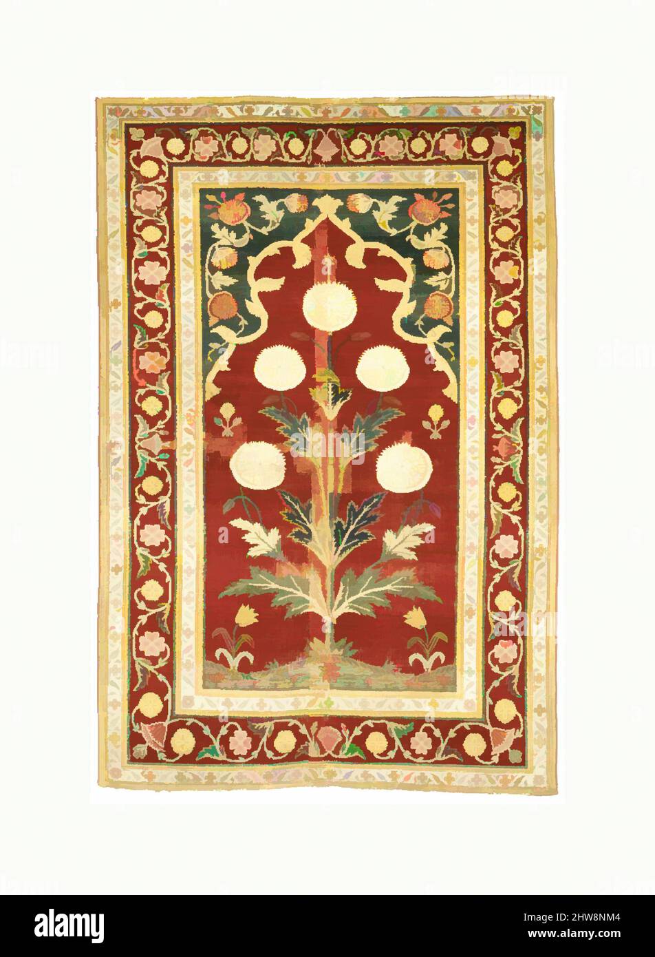 Arte ispirata da Carpet con Niche e Flower Design, metà del 17th secolo, made in India o Pakistan, Kashmir o Lahore, cotone (ordito e trama), seta (trama), lana (pile); pelo asimmetricamente annodato, tessile: L. 61 in. (154,9 cm), tessuti-tappeti, questa tessitura fa parte di un gruppo che utilizza, opere classiche modernizzate da Artotop con un tuffo di modernità. Forme, colore e valore, impatto visivo accattivante sulle emozioni artistiche attraverso la libertà delle opere d'arte in modo contemporaneo. Un messaggio senza tempo che persegue una nuova direzione selvaggiamente creativa. Artisti che si rivolgono al supporto digitale e creano l'NFT Artotop Foto Stock
