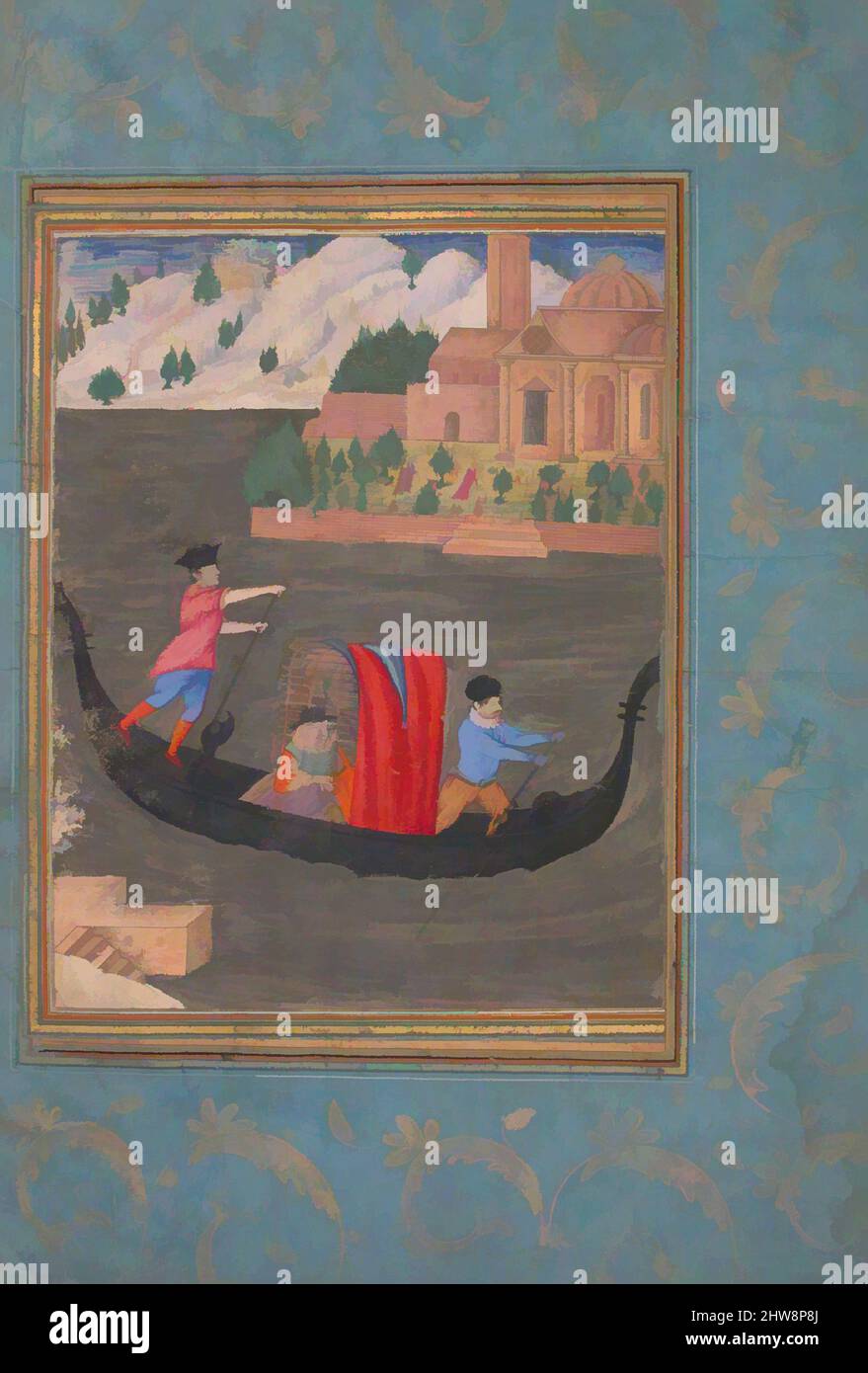 Arte ispirata dalla scena acquatica con tre uomini in una gondola, fine 16th-inizio 17th secolo, attribuita a Turchia, inchiostro, acquerello opaco, E oro su carta, Page:, Codices, questo curioso dipinto, forse creato come una composizione a foglia singola destinata all'album di un collezionista, ritrae, opere classiche modernizzate da Artotop con un tuffo di modernità. Forme, colore e valore, impatto visivo accattivante sulle emozioni artistiche attraverso la libertà delle opere d'arte in modo contemporaneo. Un messaggio senza tempo che persegue una nuova direzione selvaggiamente creativa. Artisti che si rivolgono al supporto digitale e creano l'NFT Artotop Foto Stock