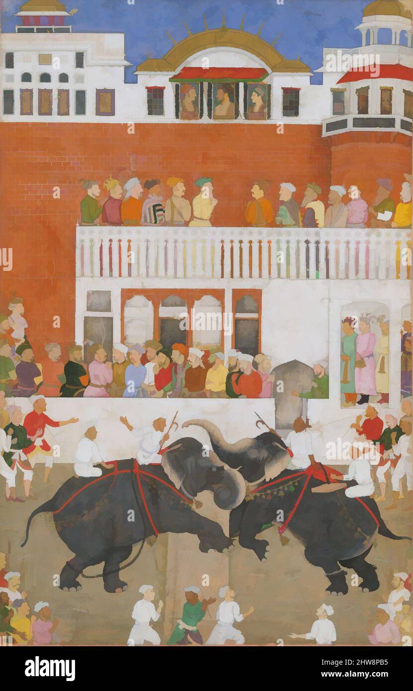 Arte ispirata da Shah Jahan che guarda una lotta elefante', Folio da un Padshahnama, probabilmente 1639, attribuito a India, inchiostro, acquerello opaco, E oro su carta, 15 pollici di altezza 9,75 pollici di larghezza (38,2 cm di altezza 24,7 cm di larghezza), Codices, Bulaqi, in questa pagina del Padshahnama, l'artista ha, opere classiche modernizzate da Artotop con un tuffo di modernità. Forme, colore e valore, impatto visivo accattivante sulle emozioni artistiche attraverso la libertà delle opere d'arte in modo contemporaneo. Un messaggio senza tempo che persegue una nuova direzione selvaggiamente creativa. Artisti che si rivolgono al supporto digitale e creano l'NFT Artotop Foto Stock